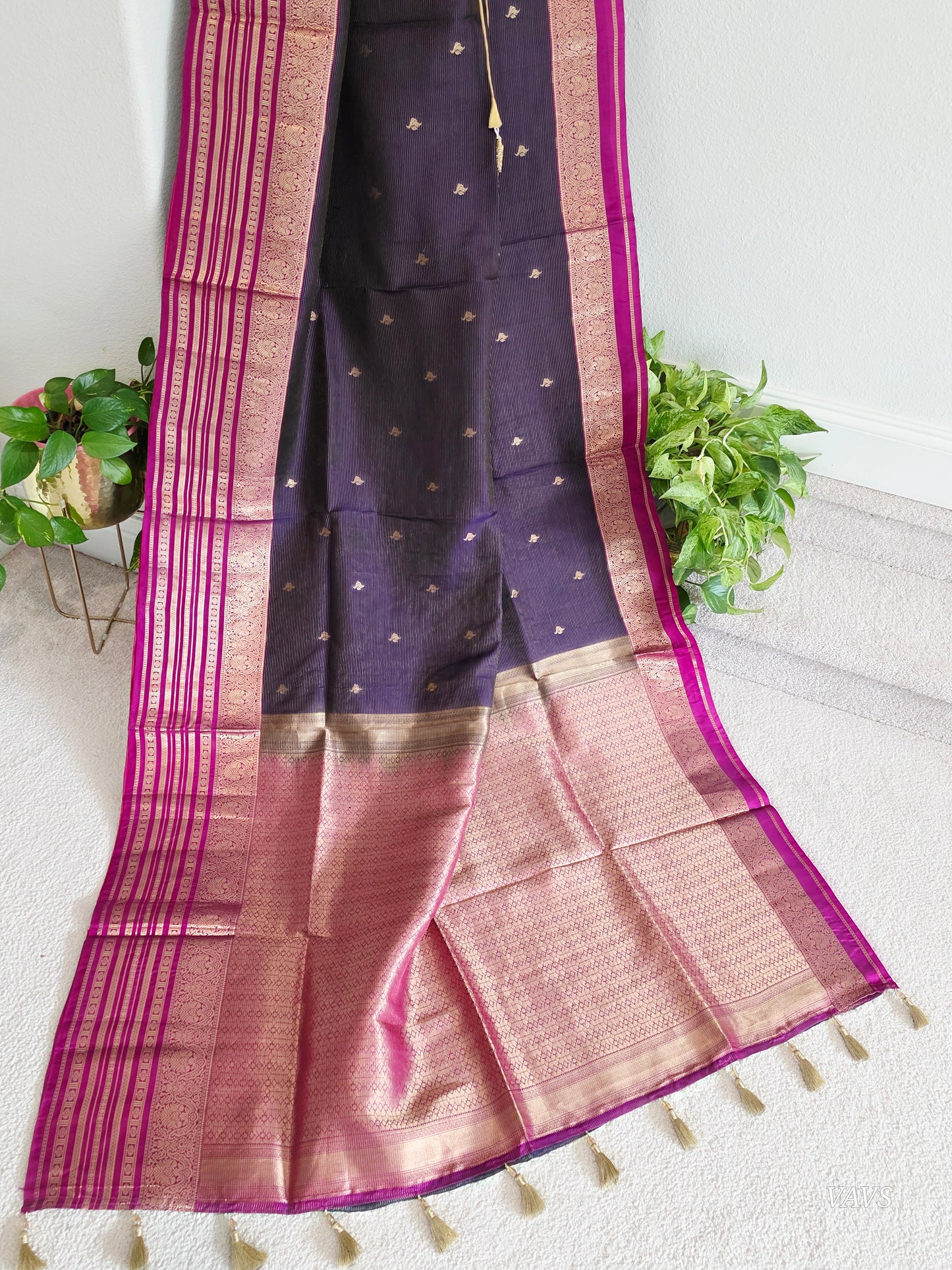 Pure Kanchi Soft Silk Handloom Saree in Deep Plum & Magenta with Zari Butta & Maggam Blouse