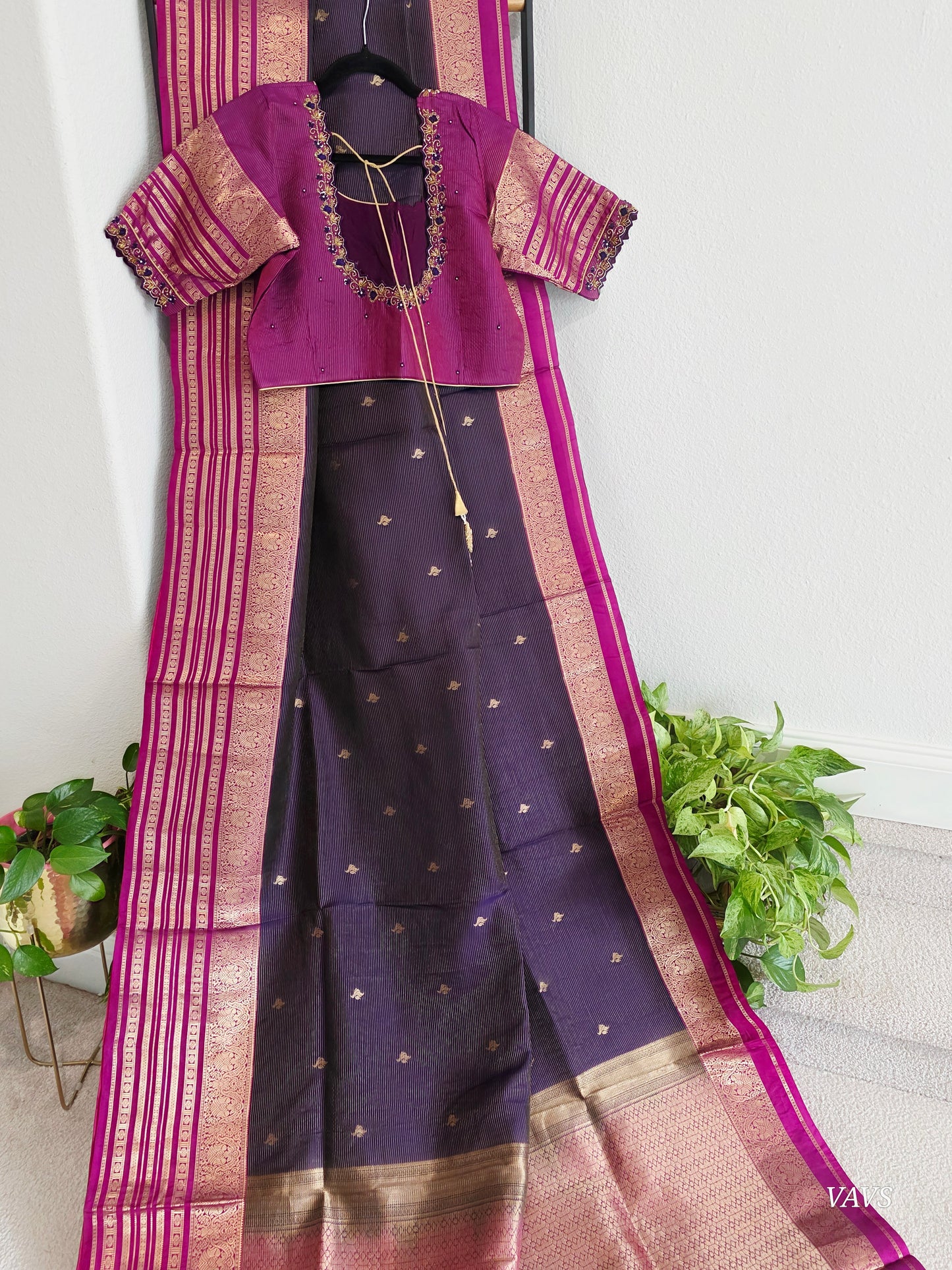 Pure Kanchi Soft Silk Handloom Saree in Deep Plum & Magenta with Zari Butta & Maggam Blouse