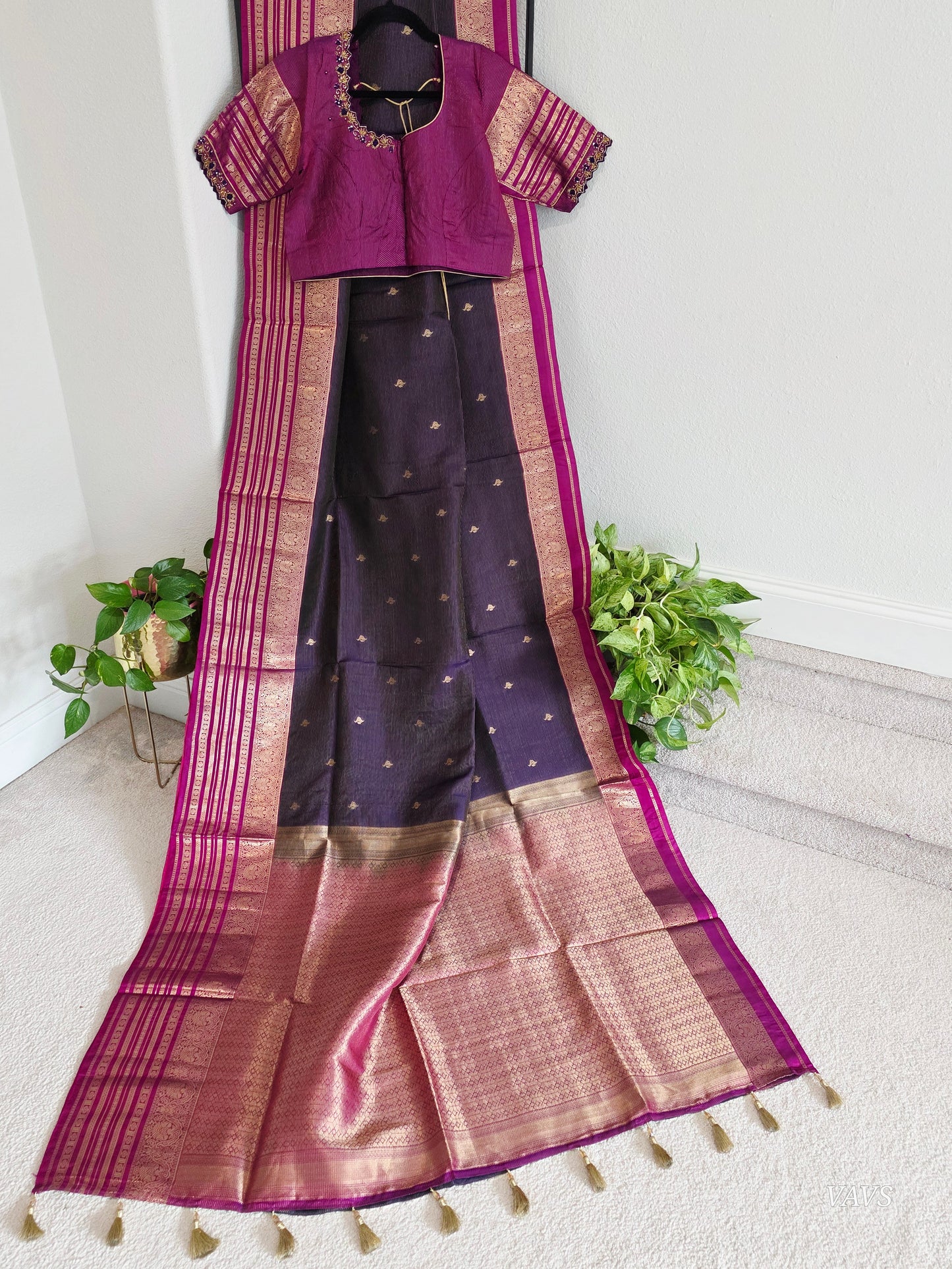 Pure Kanchi Soft Silk Handloom Saree in Deep Plum & Magenta with Zari Butta & Maggam Blouse
