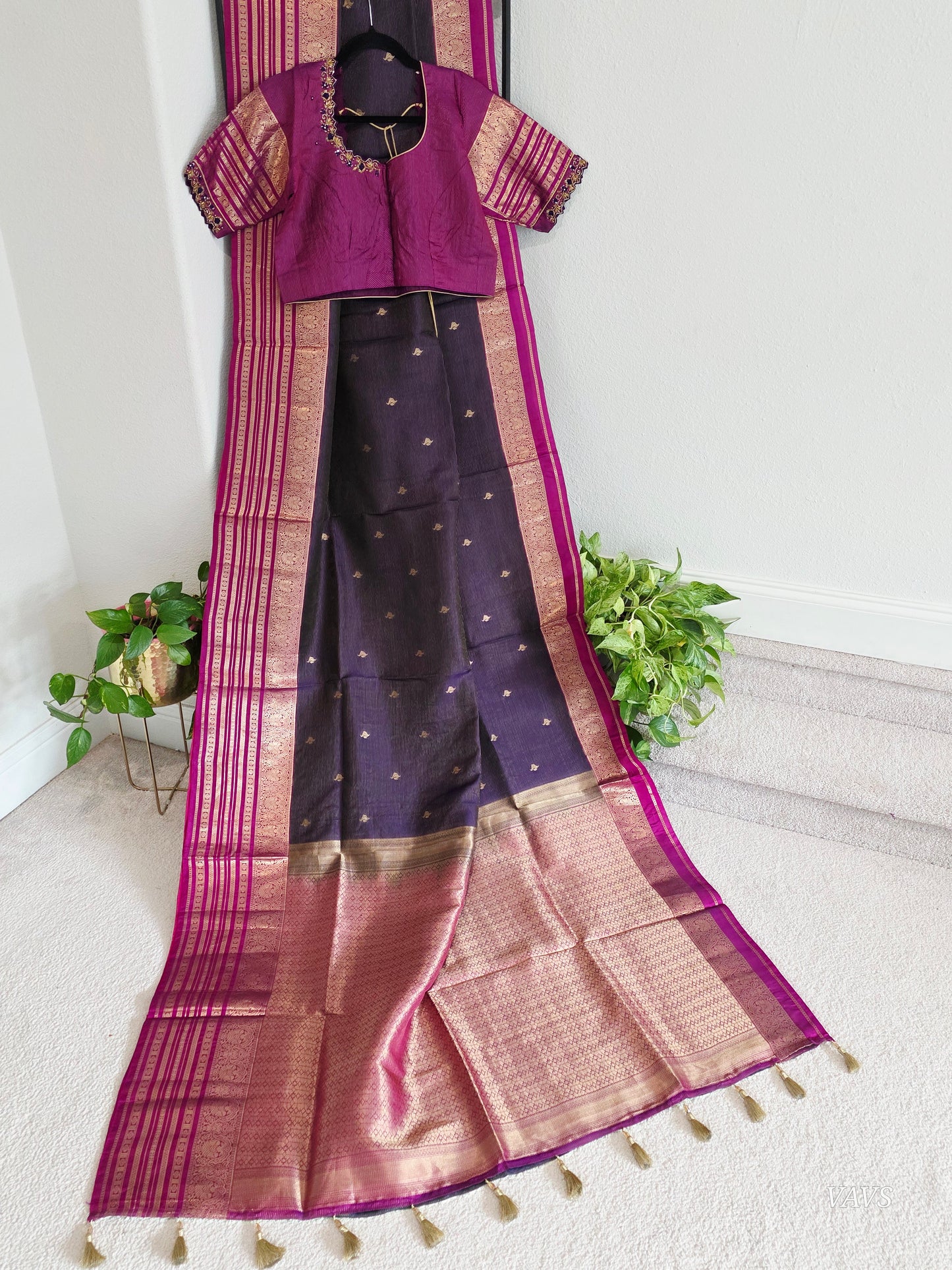 Pure Kanchi Soft Silk Handloom Saree in Deep Plum & Magenta with Zari Butta & Maggam Blouse