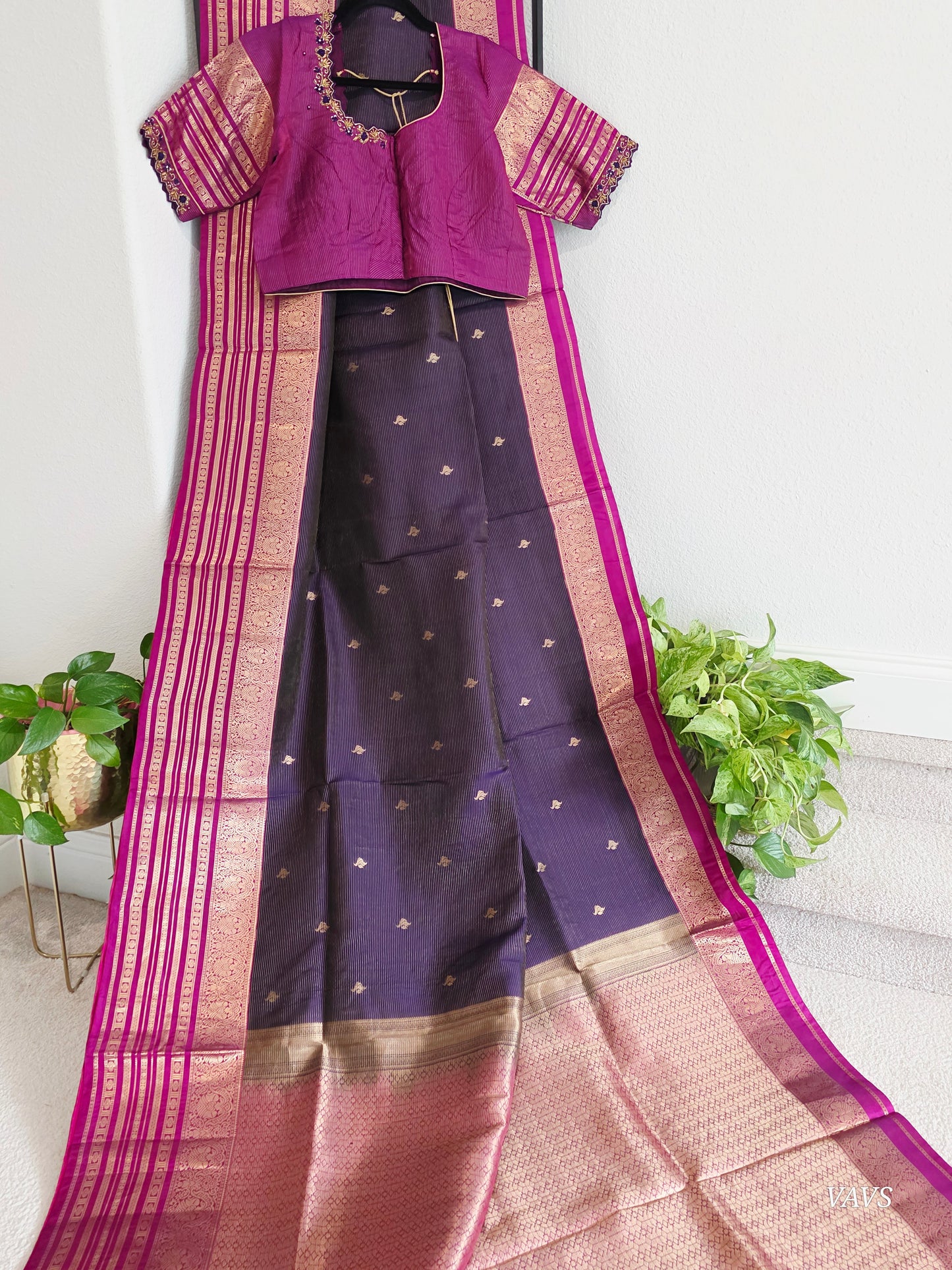 Pure Kanchi Soft Silk Handloom Saree in Deep Plum & Magenta with Zari Butta & Maggam Blouse
