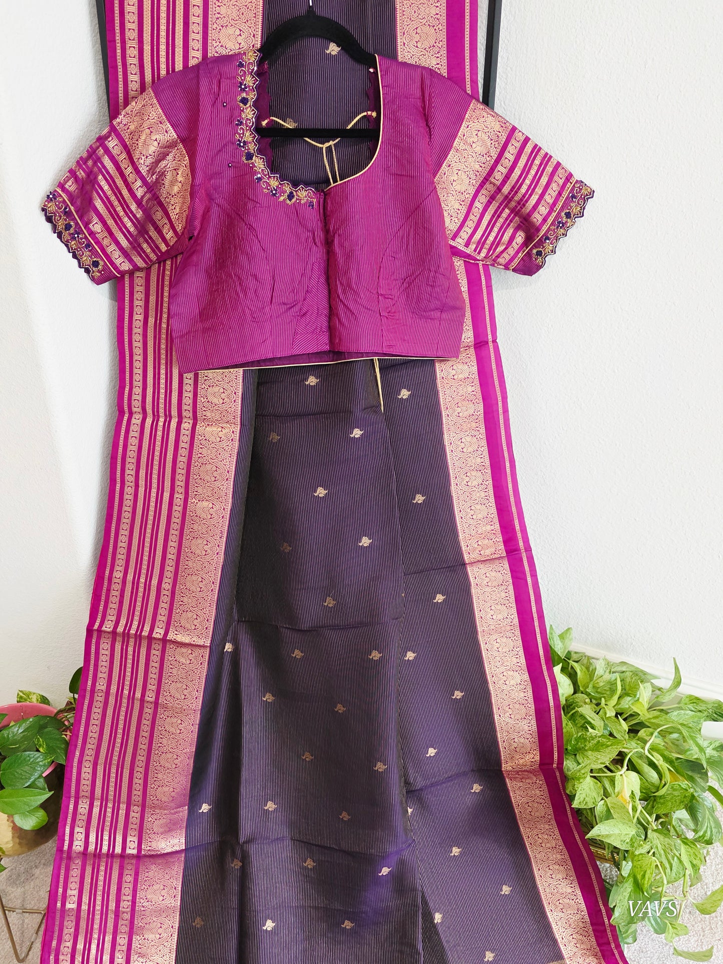 Pure Kanchi Soft Silk Handloom Saree in Deep Plum & Magenta with Zari Butta & Maggam Blouse