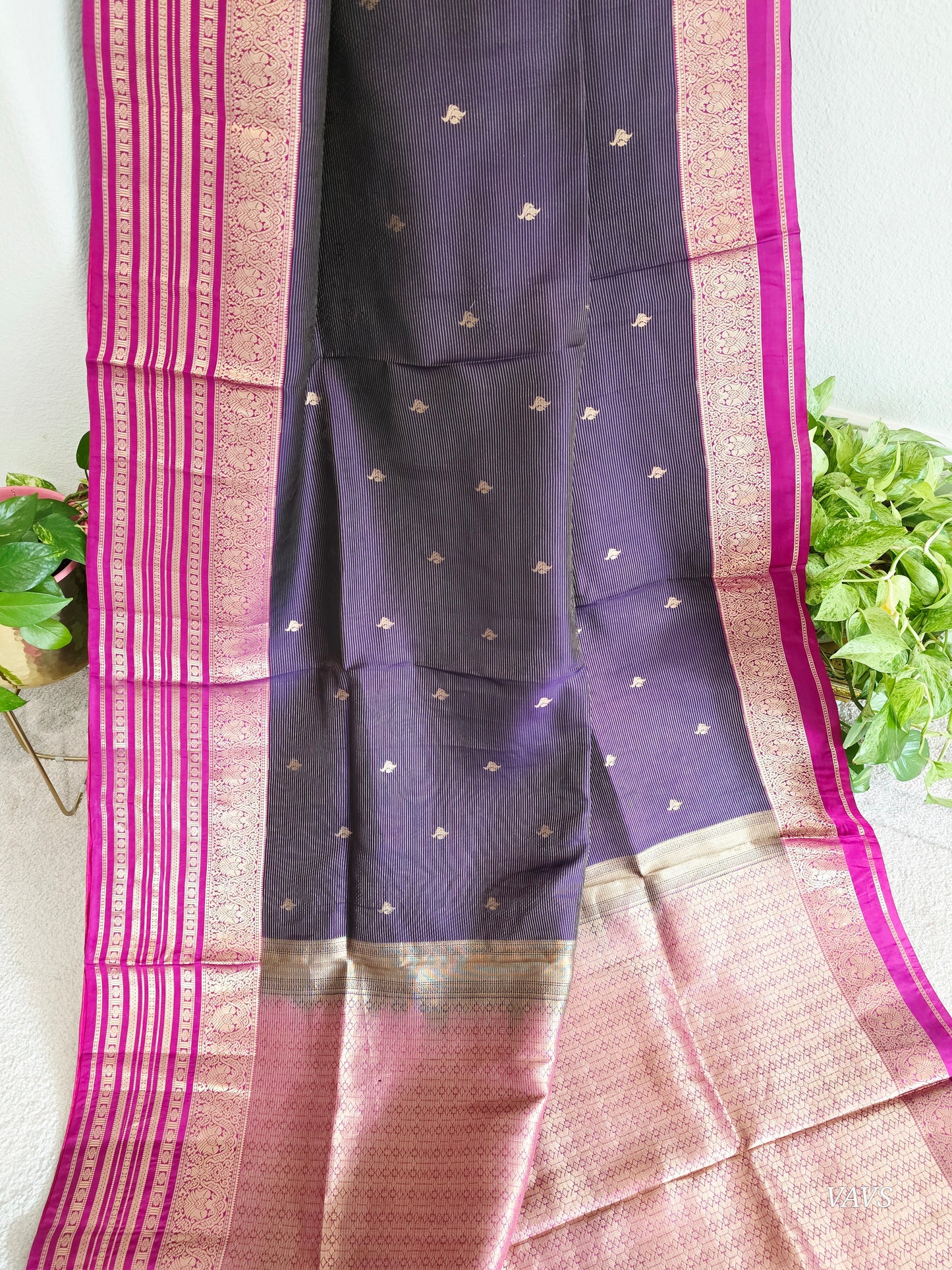 Pure Kanchi Soft Silk Handloom Saree in Deep Plum & Magenta with Zari Butta & Maggam Blouse