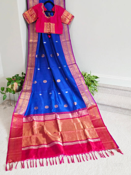 Pure Handloom Silk Saree in Royal Blue with Pink Zari Border & Maggam Blouse | Wedding Wear | Size 36–42 | Ready to Wear
