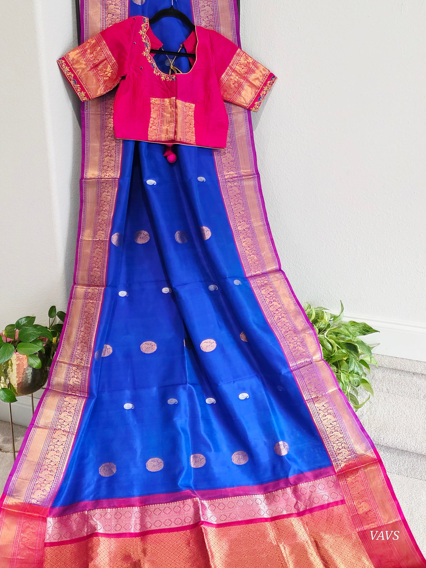 Pure Handloom Silk Saree in Royal Blue with Pink Zari Border & Maggam Blouse