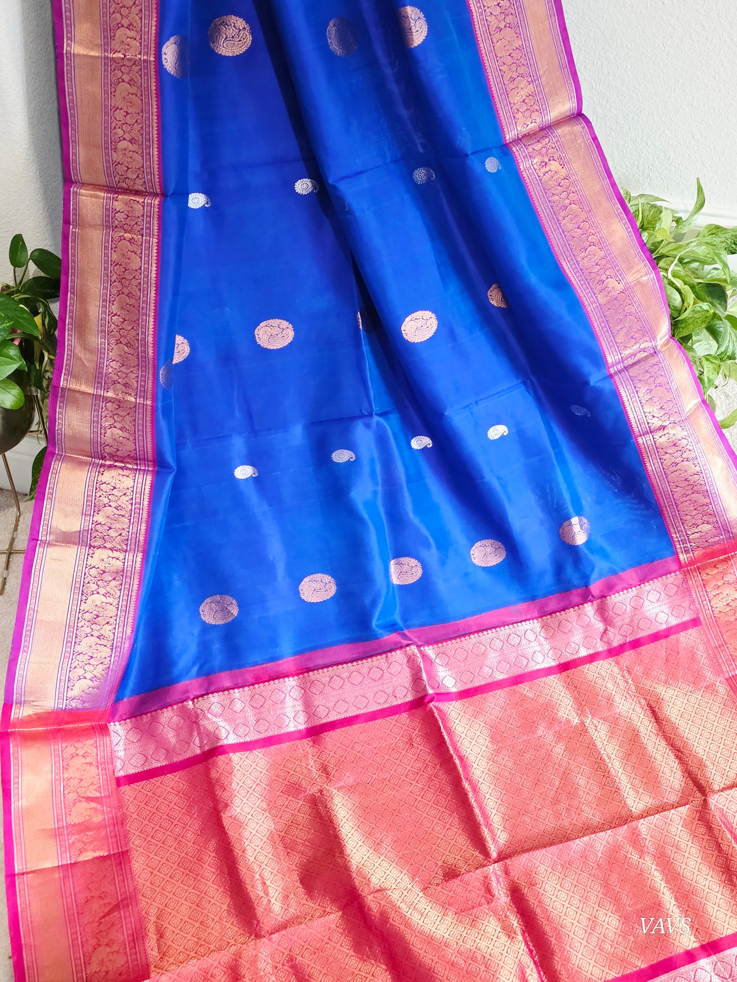 Pure Handloom Silk Saree in Royal Blue with Pink Zari Border & Maggam Blouse