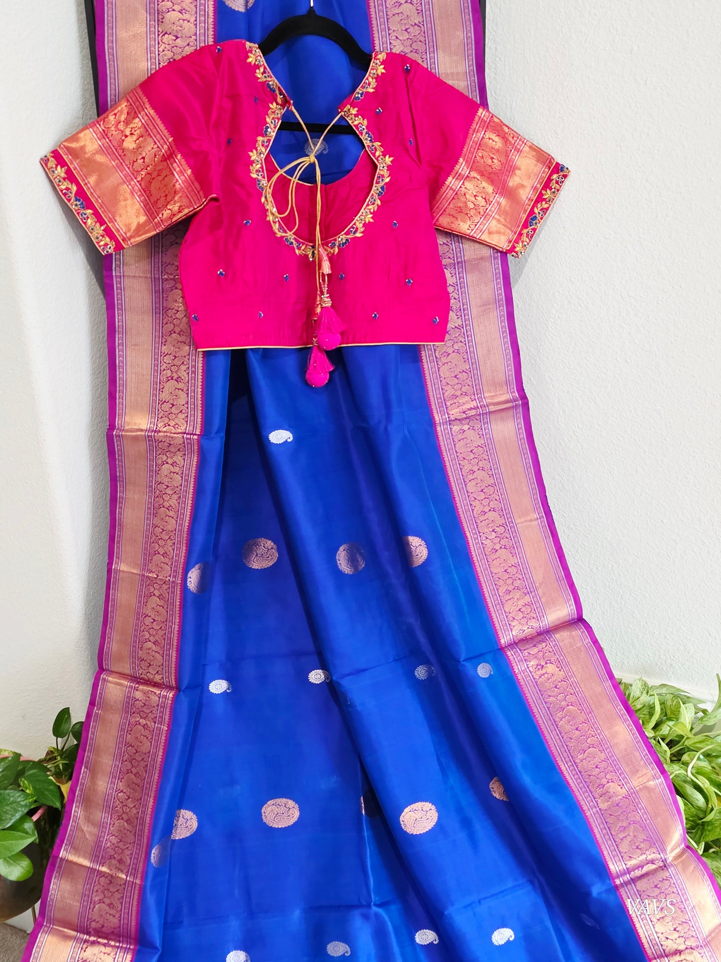 Pure Handloom Silk Saree in Royal Blue with Pink Zari Border & Maggam Blouse