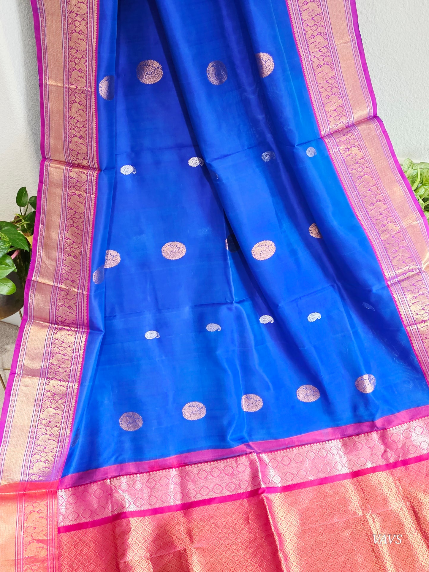 Pure Handloom Silk Saree in Royal Blue with Pink Zari Border & Maggam Blouse