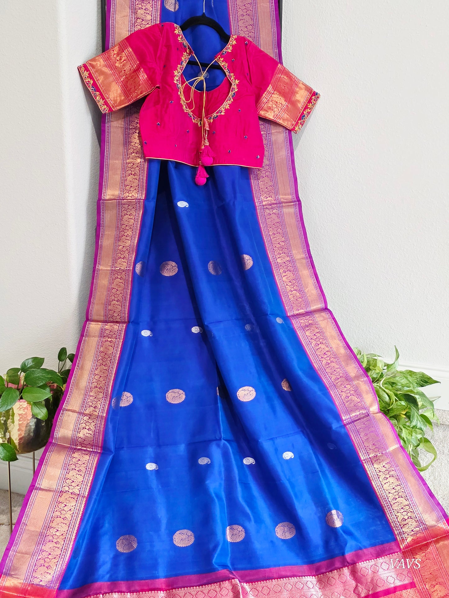 Pure Handloom Silk Saree in Royal Blue with Pink Zari Border & Maggam Blouse