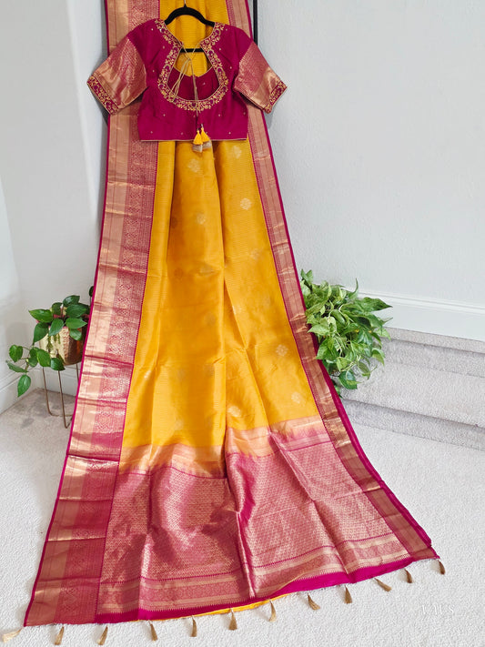 Pure Kanchi Soft Silk Saree with Stitched Blouse | Yellow & Pink Zari Border |