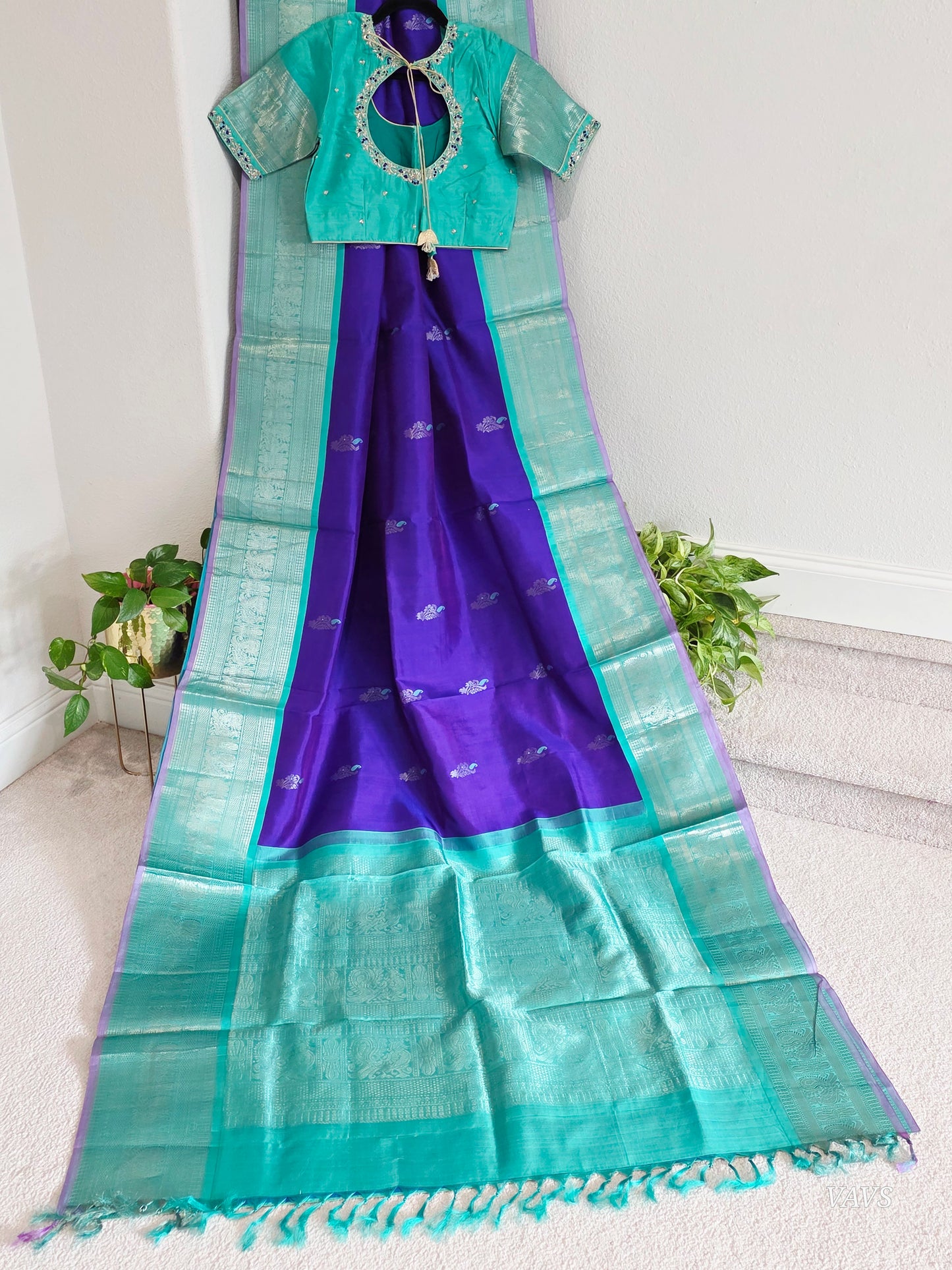 Pure Handloom Silk Saree in Royal Purple & Sea Green with Zari Butta & Maggam Blouse