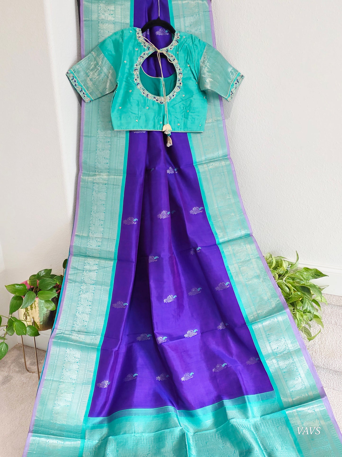 Pure Handloom Silk Saree in Royal Purple & Sea Green with Zari Butta & Maggam Blouse