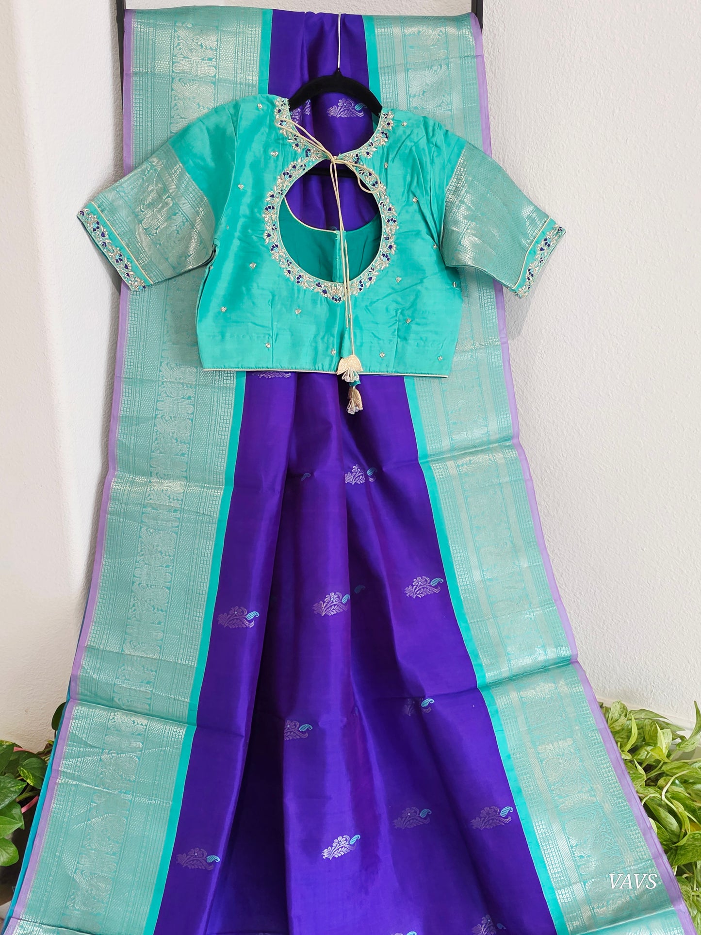 Pure Handloom Silk Saree in Royal Purple & Sea Green with Zari Butta & Maggam Blouse