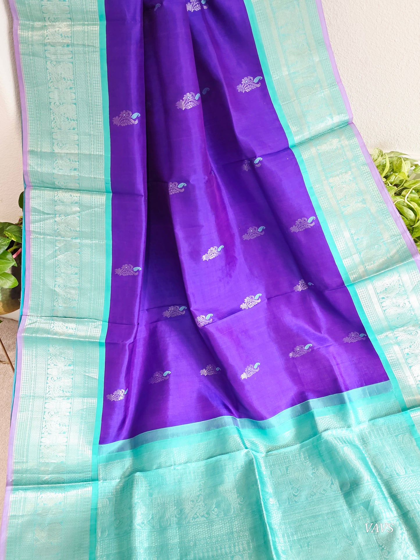 Pure Handloom Silk Saree in Royal Purple & Sea Green with Zari Butta & Maggam Blouse