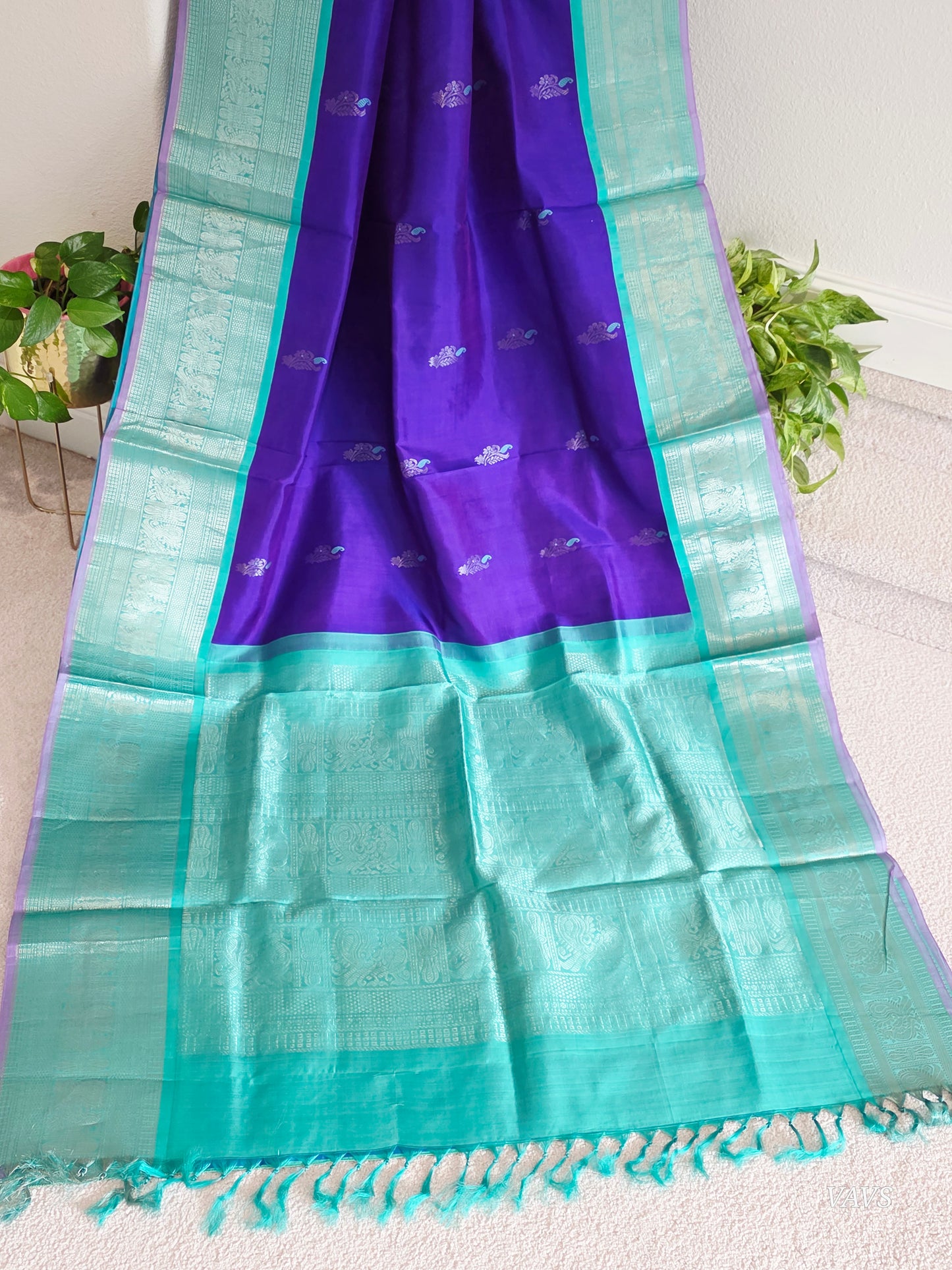 Pure Handloom Silk Saree in Royal Purple & Sea Green with Zari Butta & Maggam Blouse