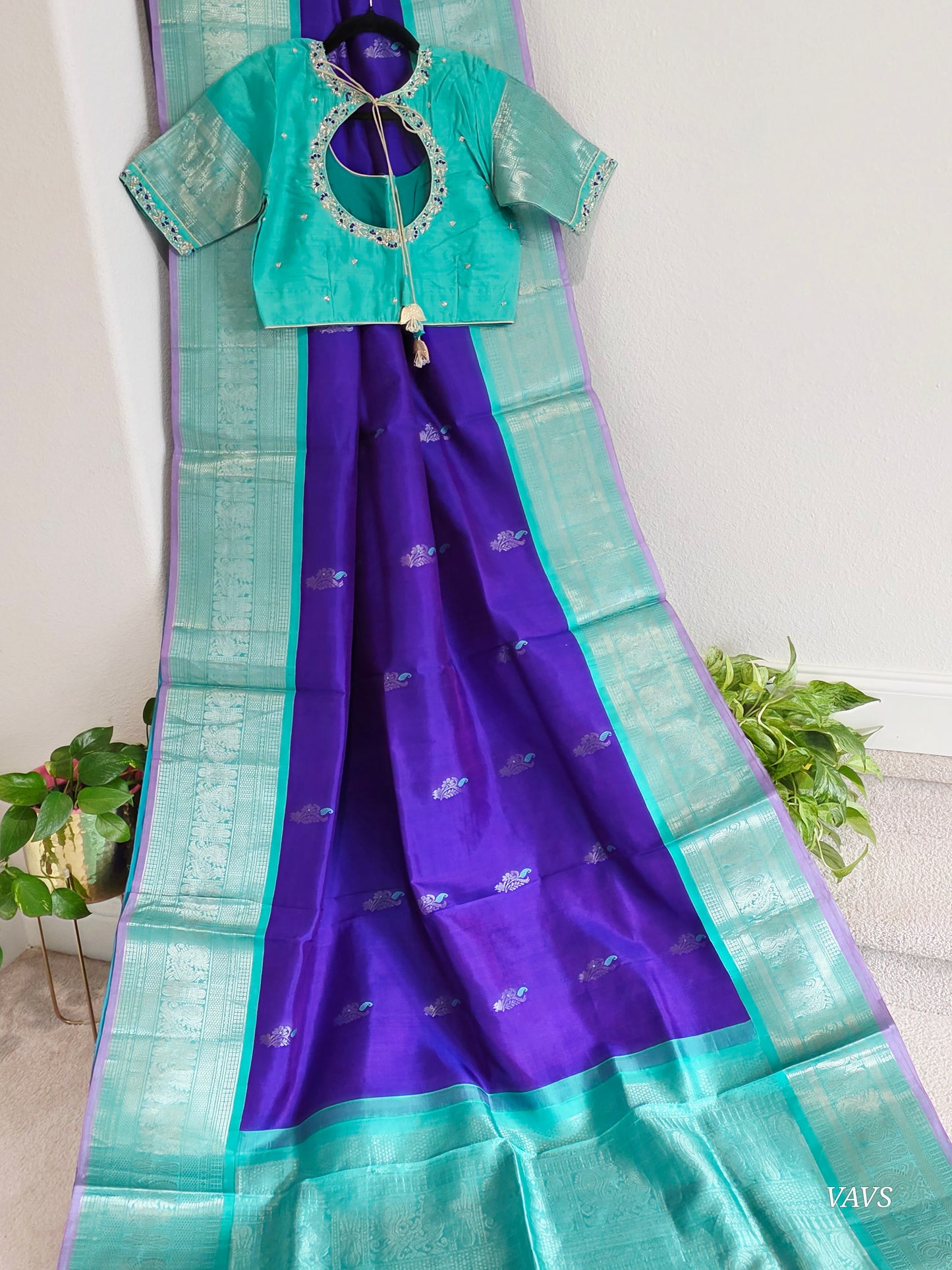 Pure Handloom Silk Saree in Royal Purple & Sea Green with Zari Butta & Maggam Blouse