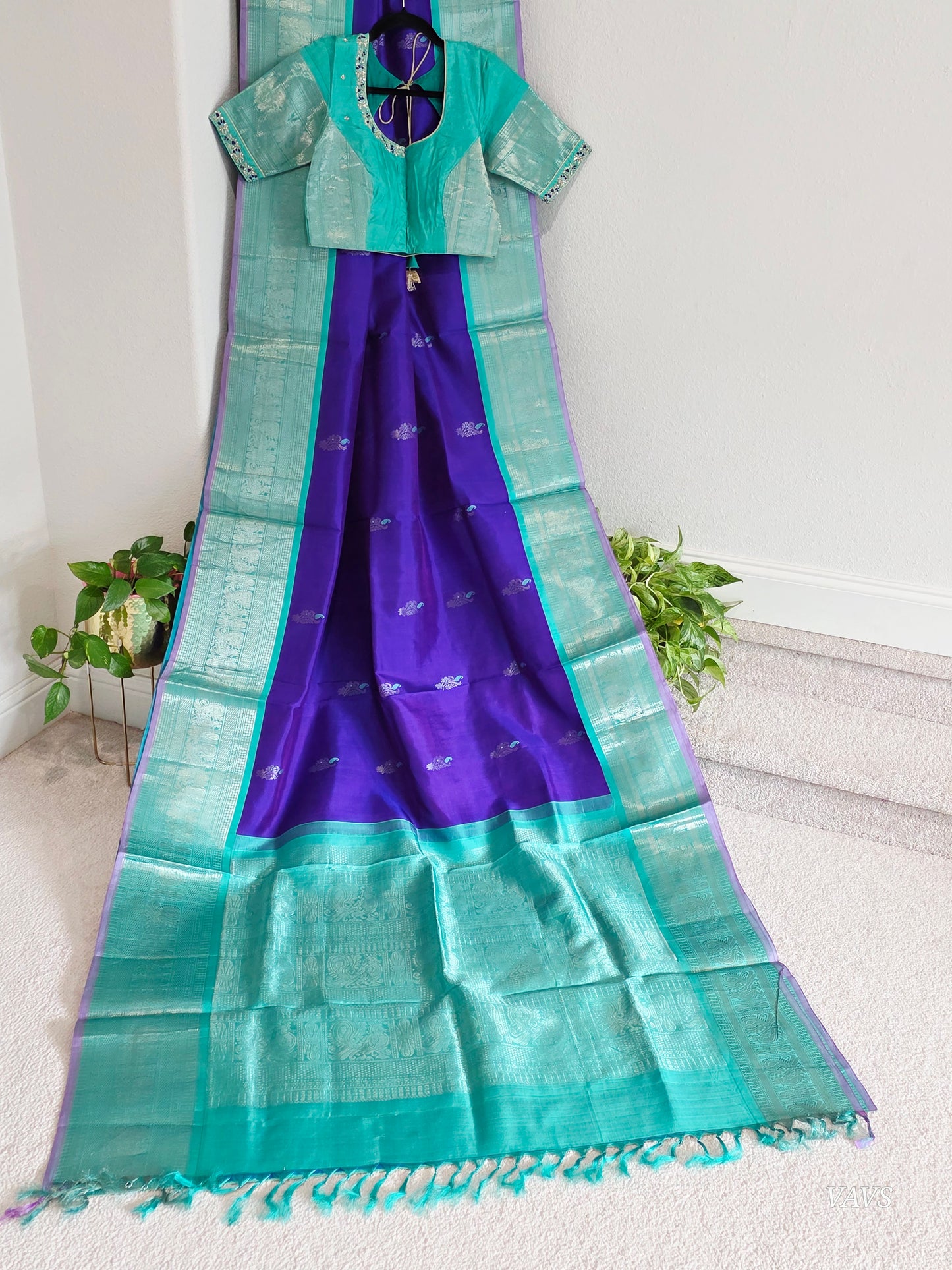 Pure Handloom Silk Saree in Royal Purple & Sea Green with Zari Butta & Maggam Blouse
