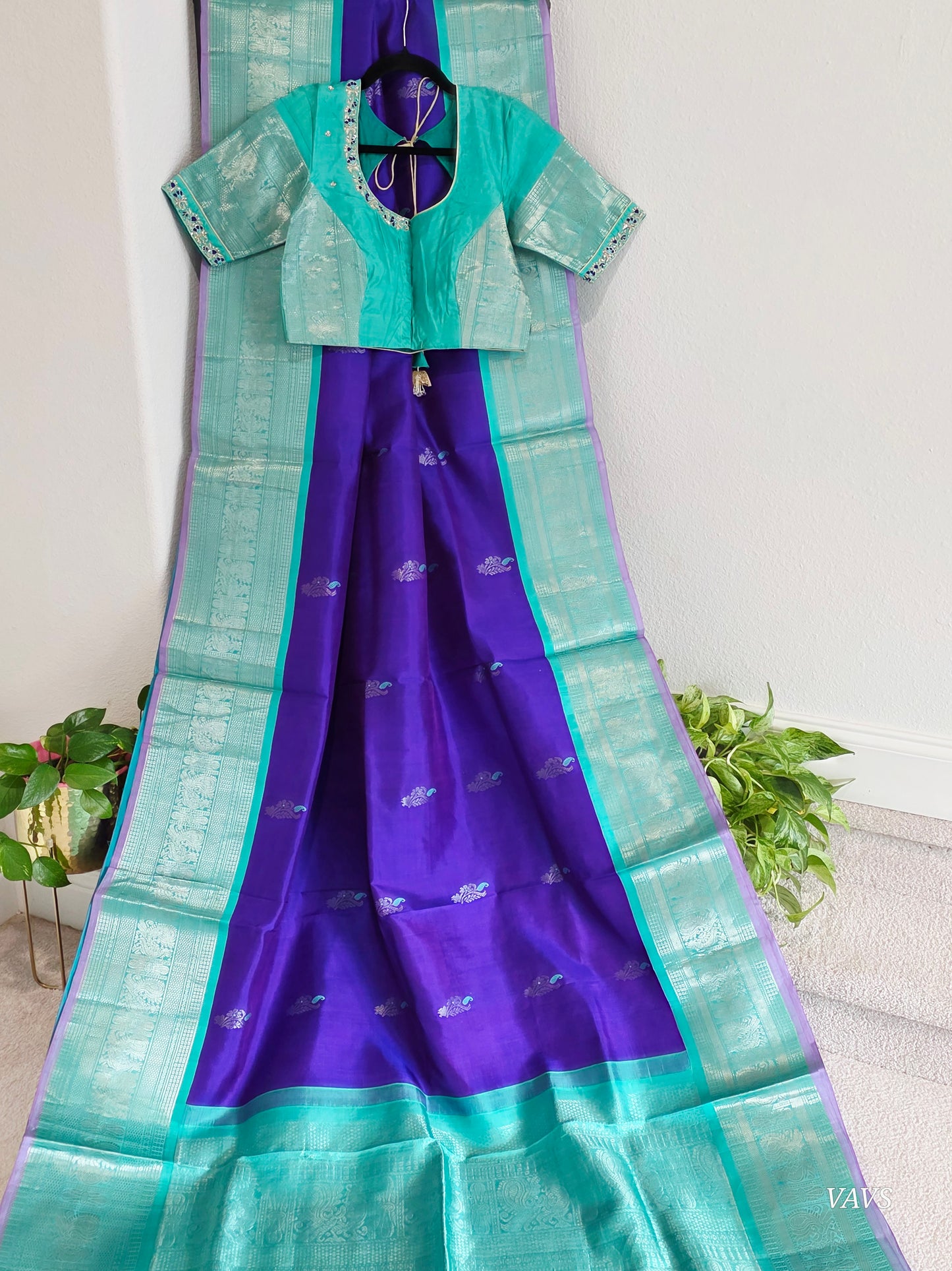 Pure Handloom Silk Saree in Royal Purple & Sea Green with Zari Butta & Maggam Blouse
