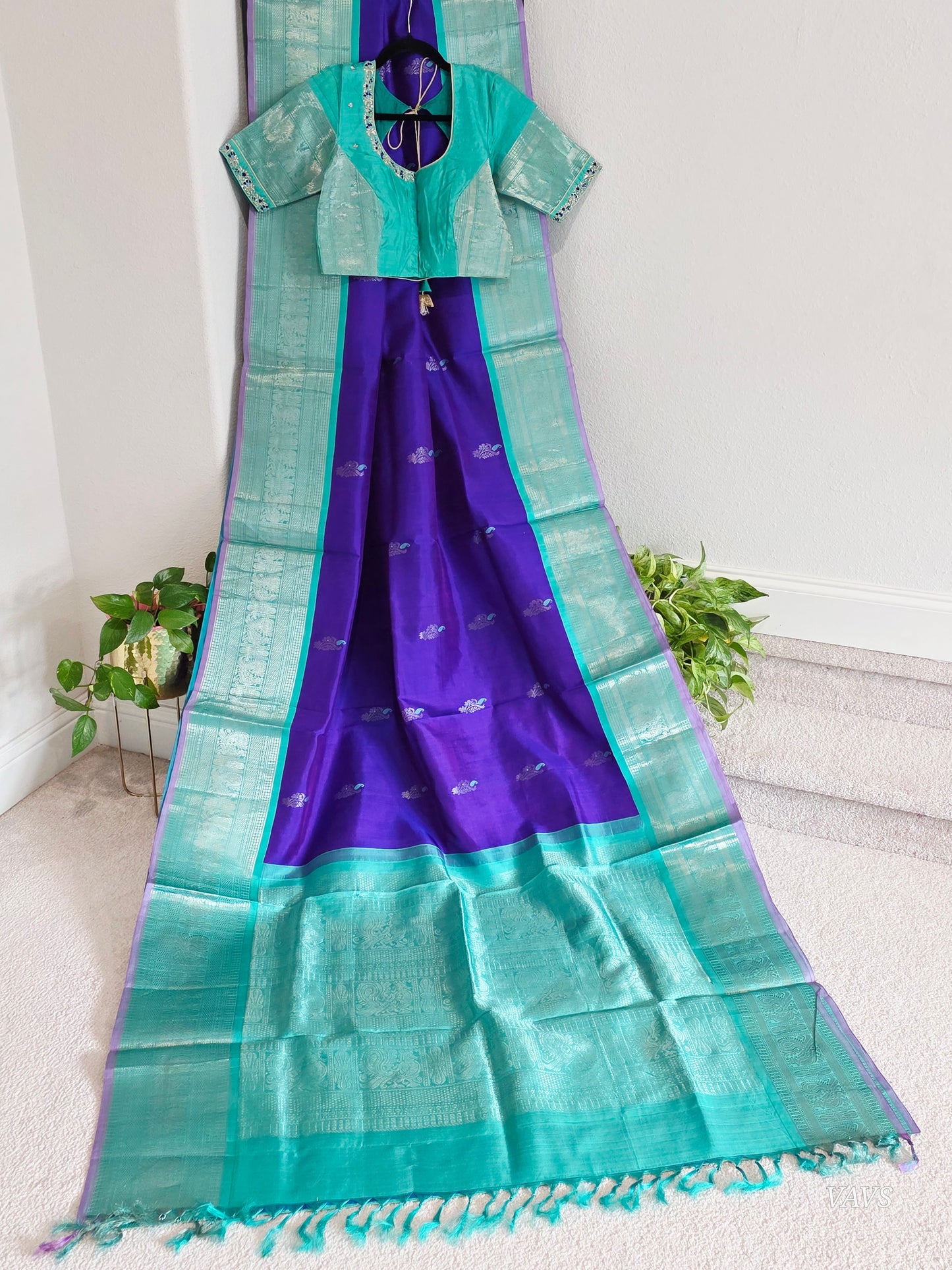 Pure Handloom Silk Saree in Royal Purple & Sea Green with Zari Butta & Maggam Blouse