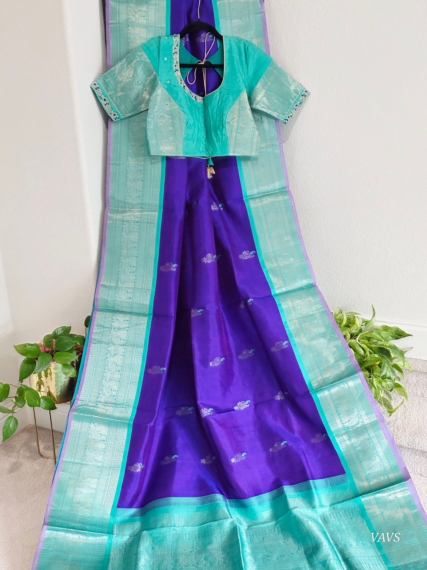 Pure Handloom Silk Saree in Royal Purple & Sea Green with Zari Butta & Maggam Blouse
