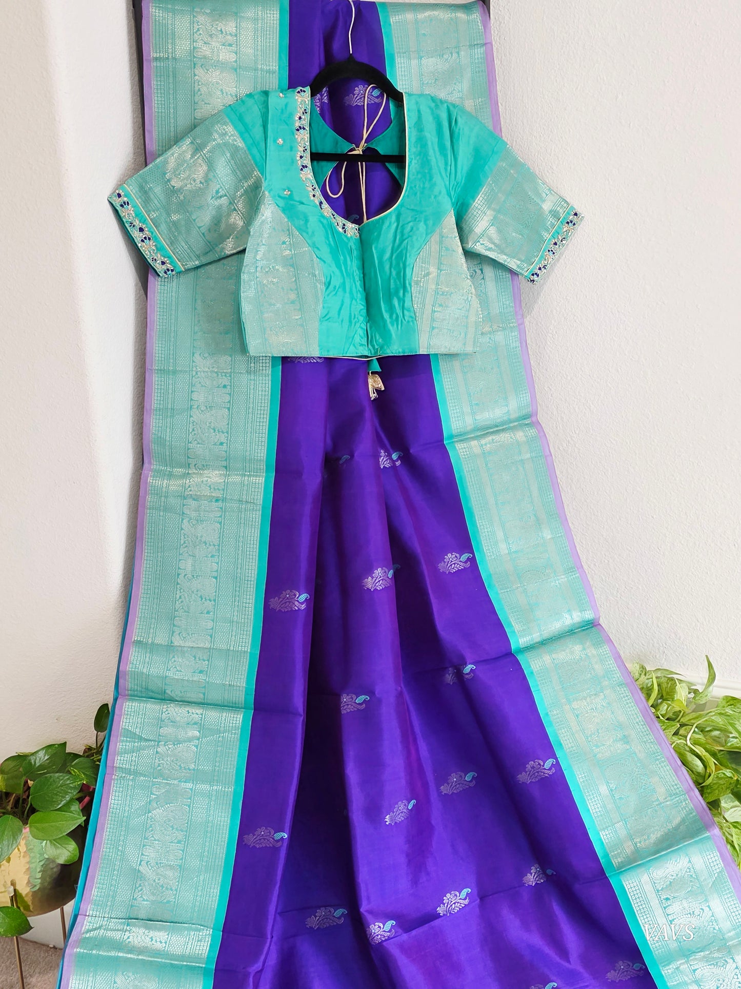 Pure Handloom Silk Saree in Royal Purple & Sea Green with Zari Butta & Maggam Blouse