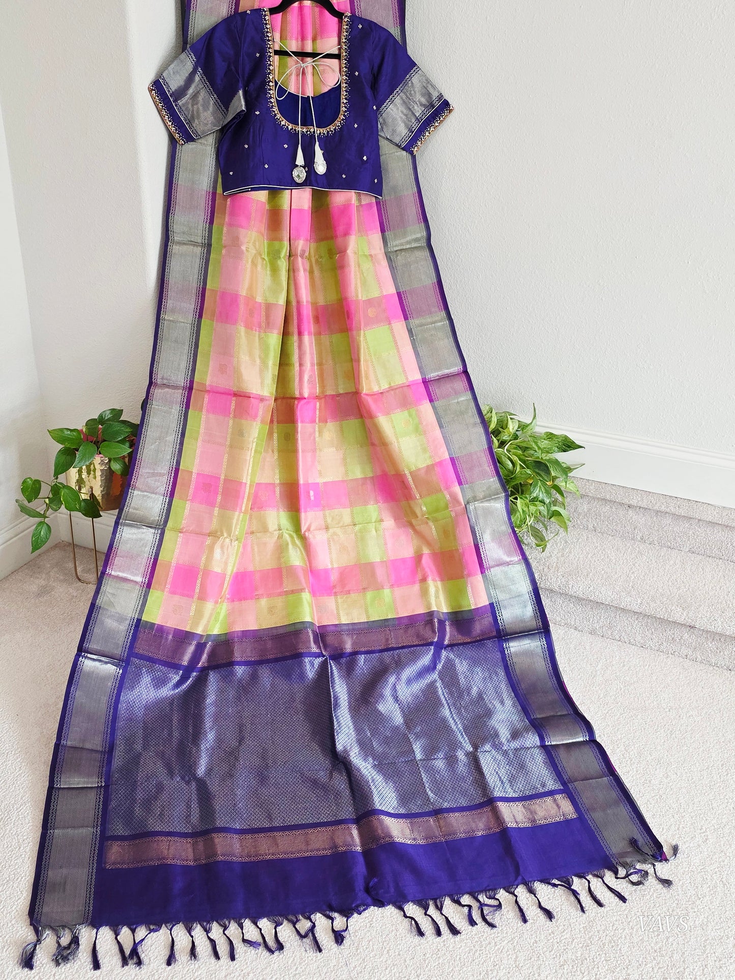Pure Silk Handloom Checked Saree in Pastel Pink, Lime Green & Royal Blue with Maggam Blouse | Size 40–46 | Ready to Wear