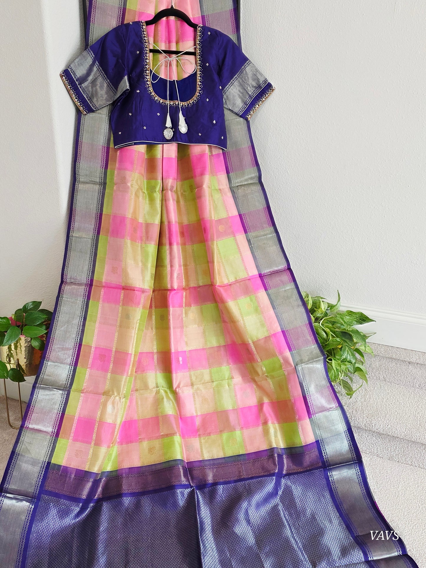 Pure Silk Handloom Checked Saree in Pastel Pink, Lime Green & Royal Blue with Maggam Blouse