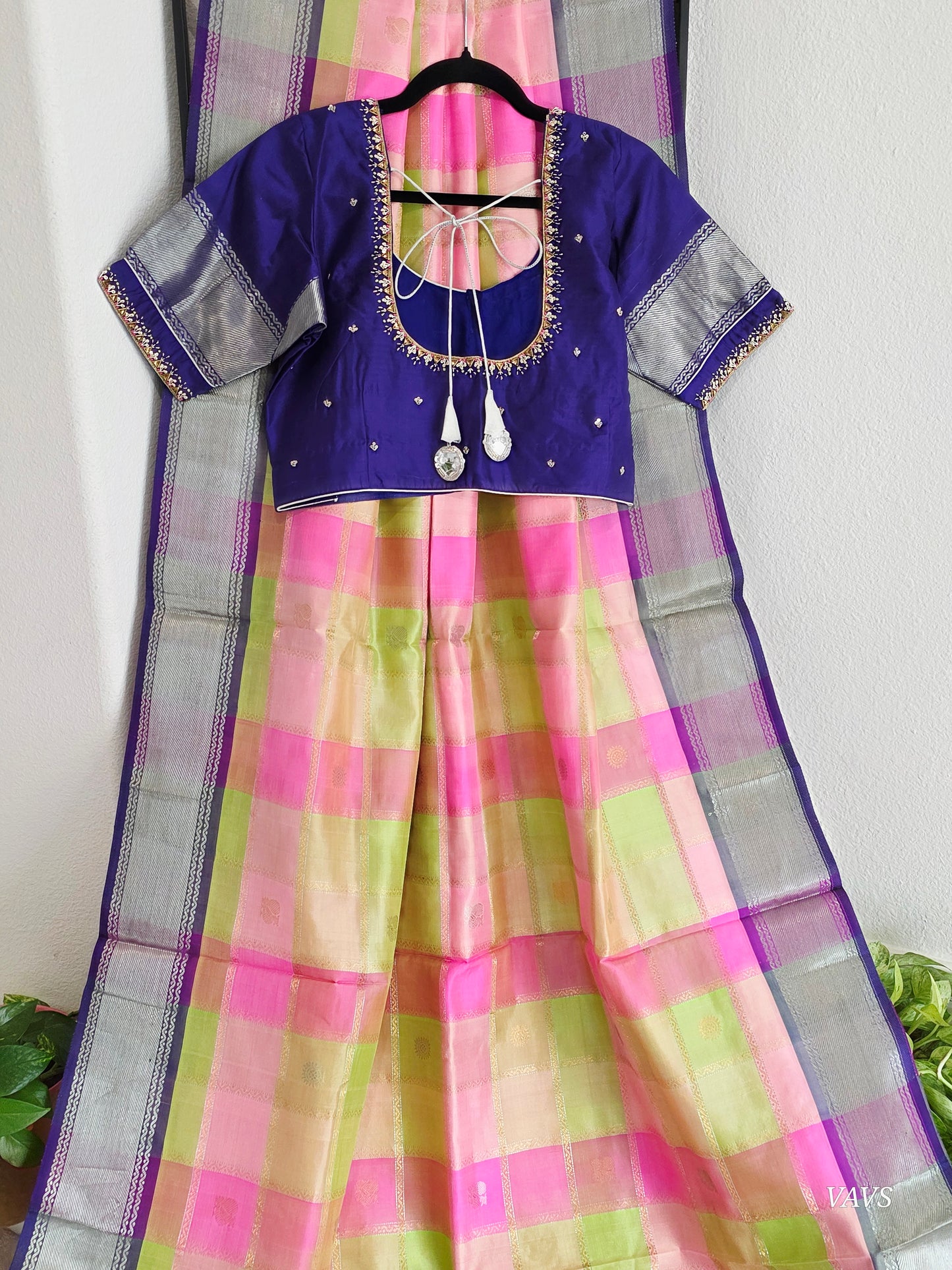 Pure Silk Handloom Checked Saree in Pastel Pink, Lime Green & Royal Blue with Maggam Blouse