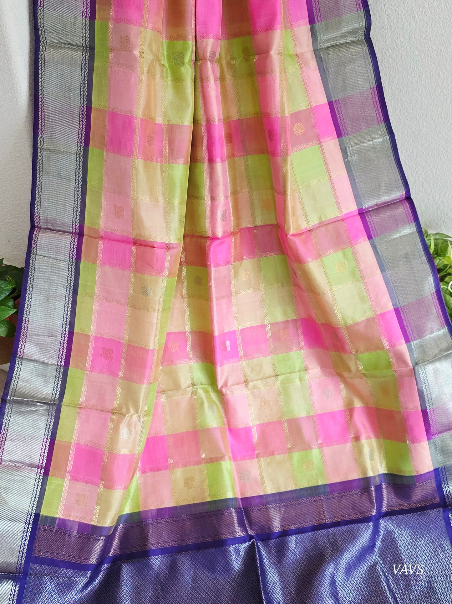 Pure Silk Handloom Checked Saree in Pastel Pink, Lime Green & Royal Blue with Maggam Blouse