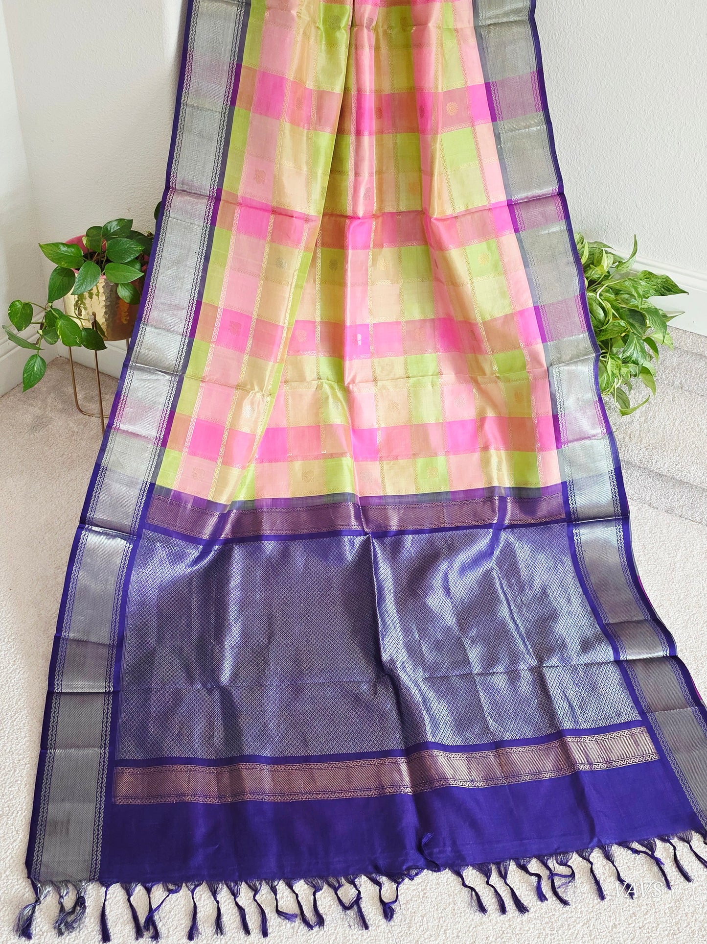 Pure Silk Handloom Checked Saree in Pastel Pink, Lime Green & Royal Blue with Maggam Blouse