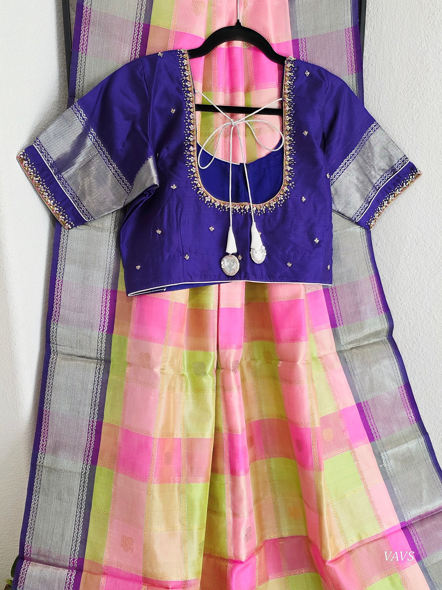 Pure Silk Handloom Checked Saree in Pastel Pink, Lime Green & Royal Blue with Maggam Blouse