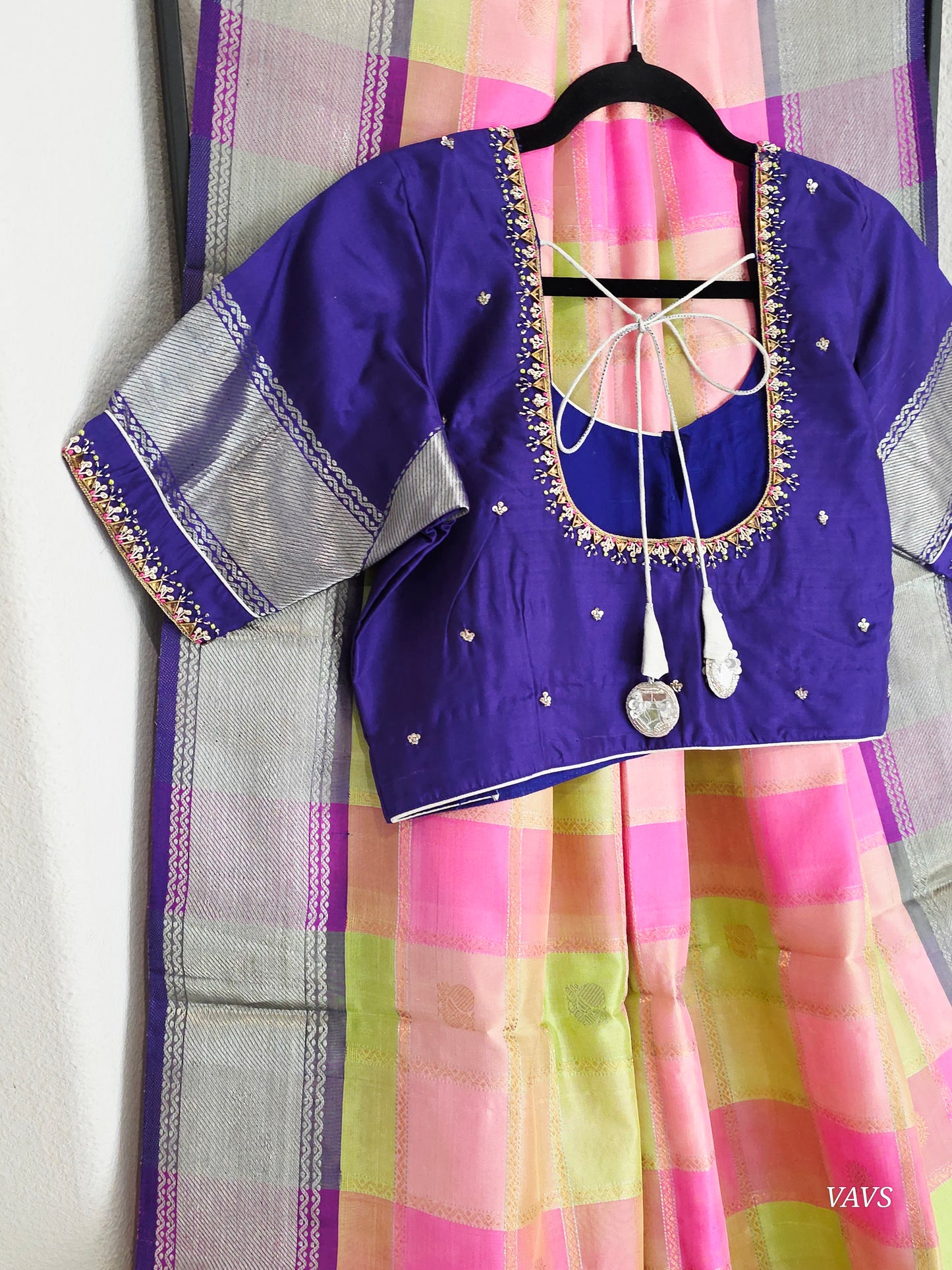 Pure Silk Handloom Checked Saree in Pastel Pink, Lime Green & Royal Blue with Maggam Blouse