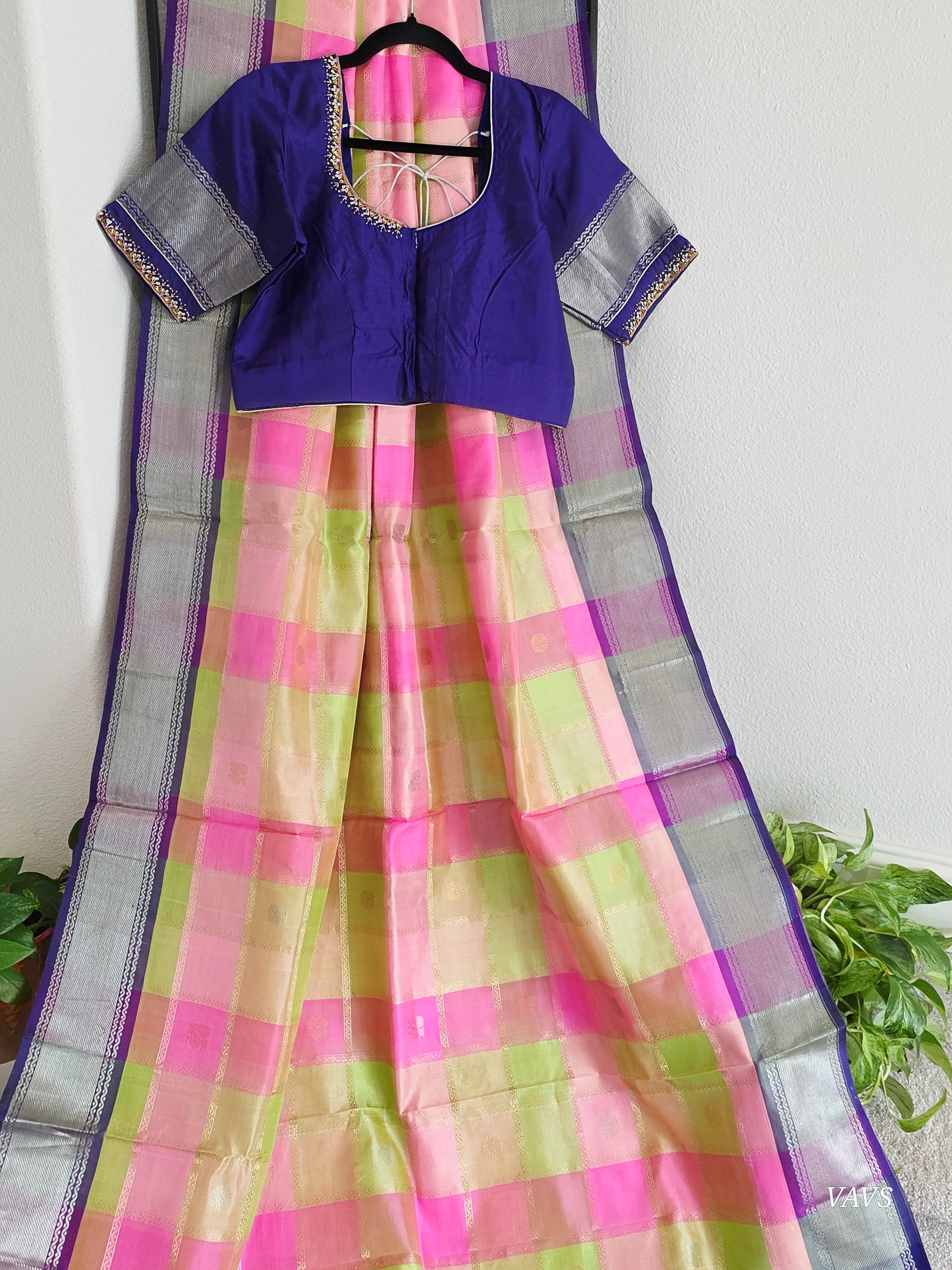 Pure Silk Handloom Checked Saree in Pastel Pink, Lime Green & Royal Blue with Maggam Blouse