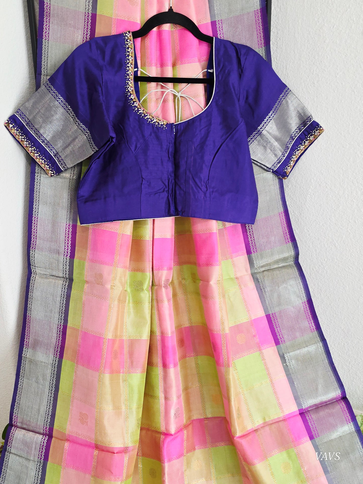 Pure Silk Handloom Checked Saree in Pastel Pink, Lime Green & Royal Blue with Maggam Blouse