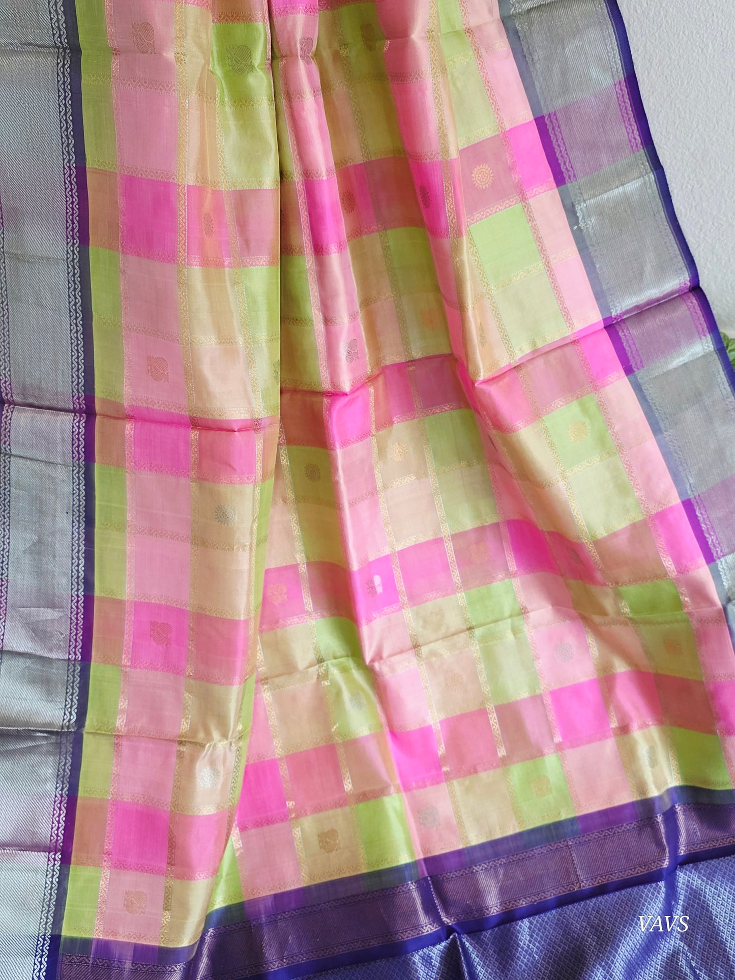 Pure Silk Handloom Checked Saree in Pastel Pink, Lime Green & Royal Blue with Maggam Blouse