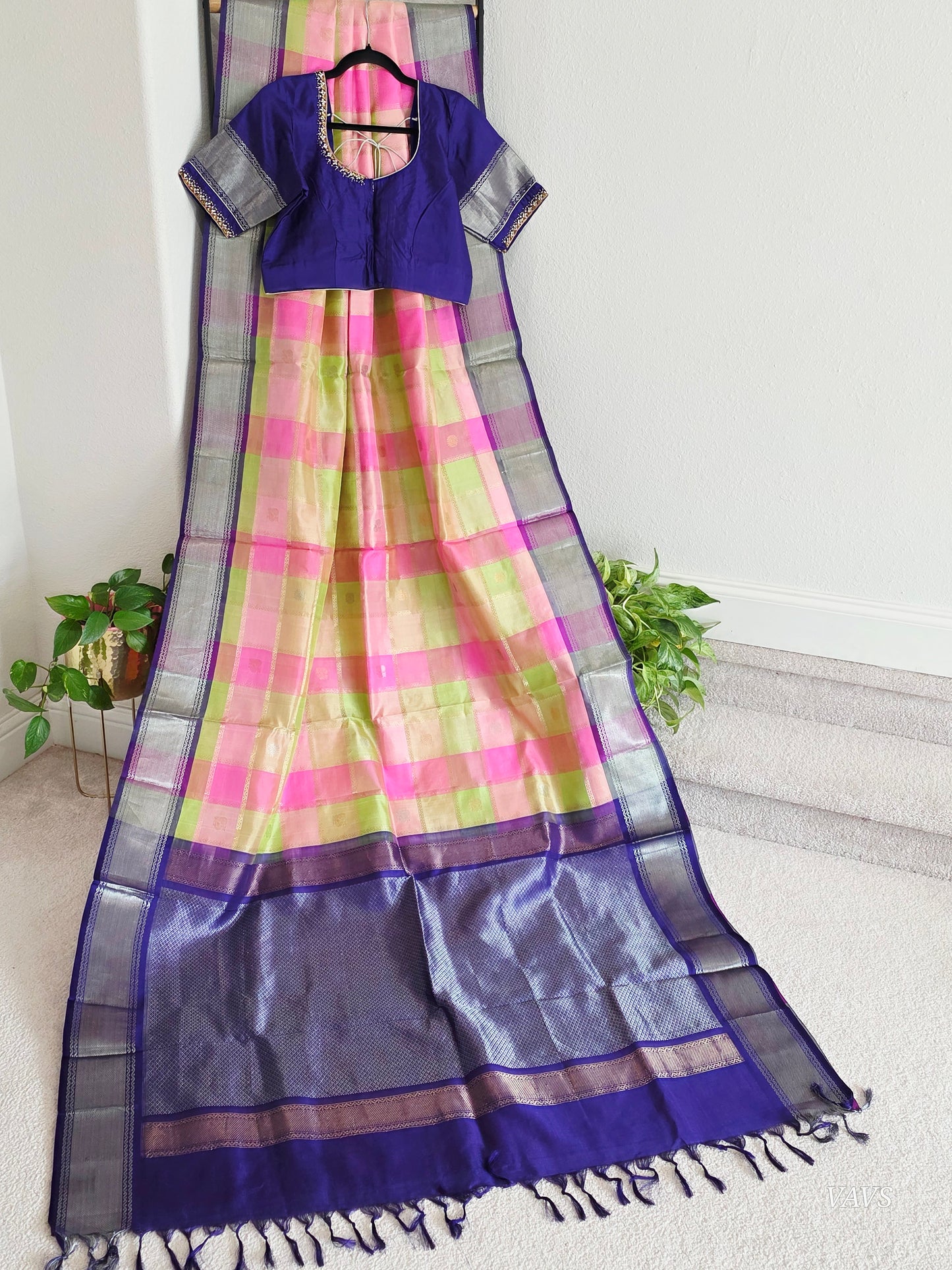 Pure Silk Handloom Checked Saree in Pastel Pink, Lime Green & Royal Blue with Maggam Blouse