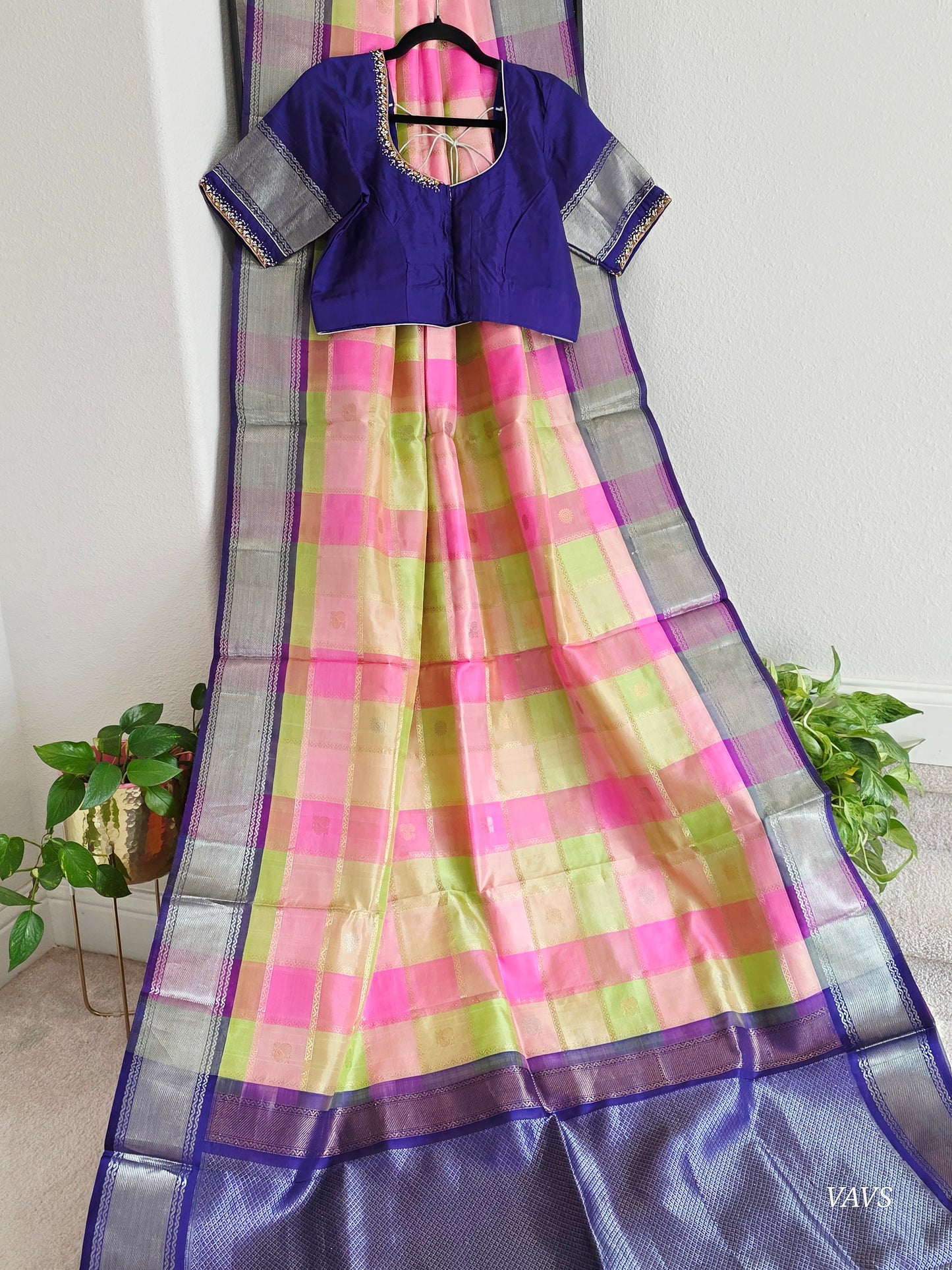 Pure Silk Handloom Checked Saree in Pastel Pink, Lime Green & Royal Blue with Maggam Blouse
