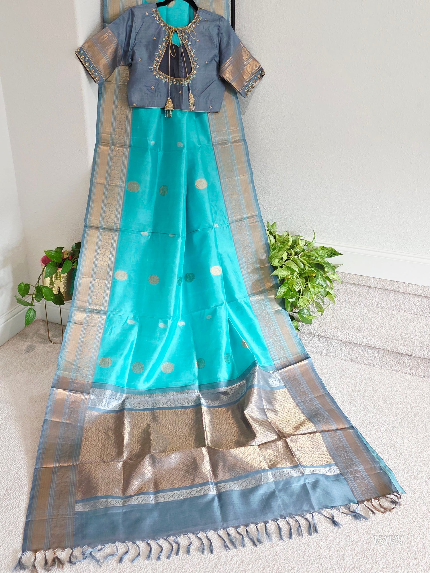 Pure Handloom Silk Saree in Aqua Blue with Silver Zari Border & Maggam Blouse | Wedding & Festive Wear | Size 40–46 | Ready to Wear