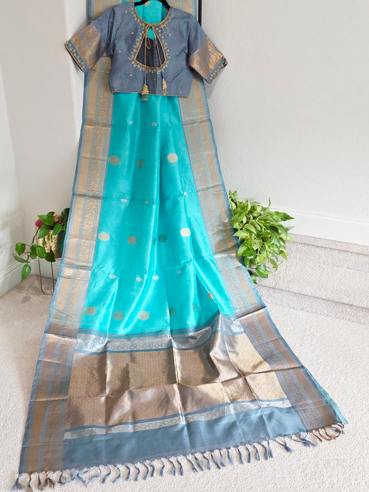 Pure Handloom Silk Saree in Aqua Blue with Silver Zari Border & Maggam Blouse | Wedding & Festive Wear | Size 40–46 | Ready to Wear