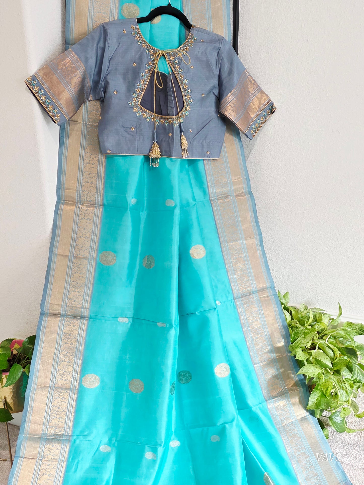 Pure Handloom Silk Saree in Aqua Blue & Maggam Blouse