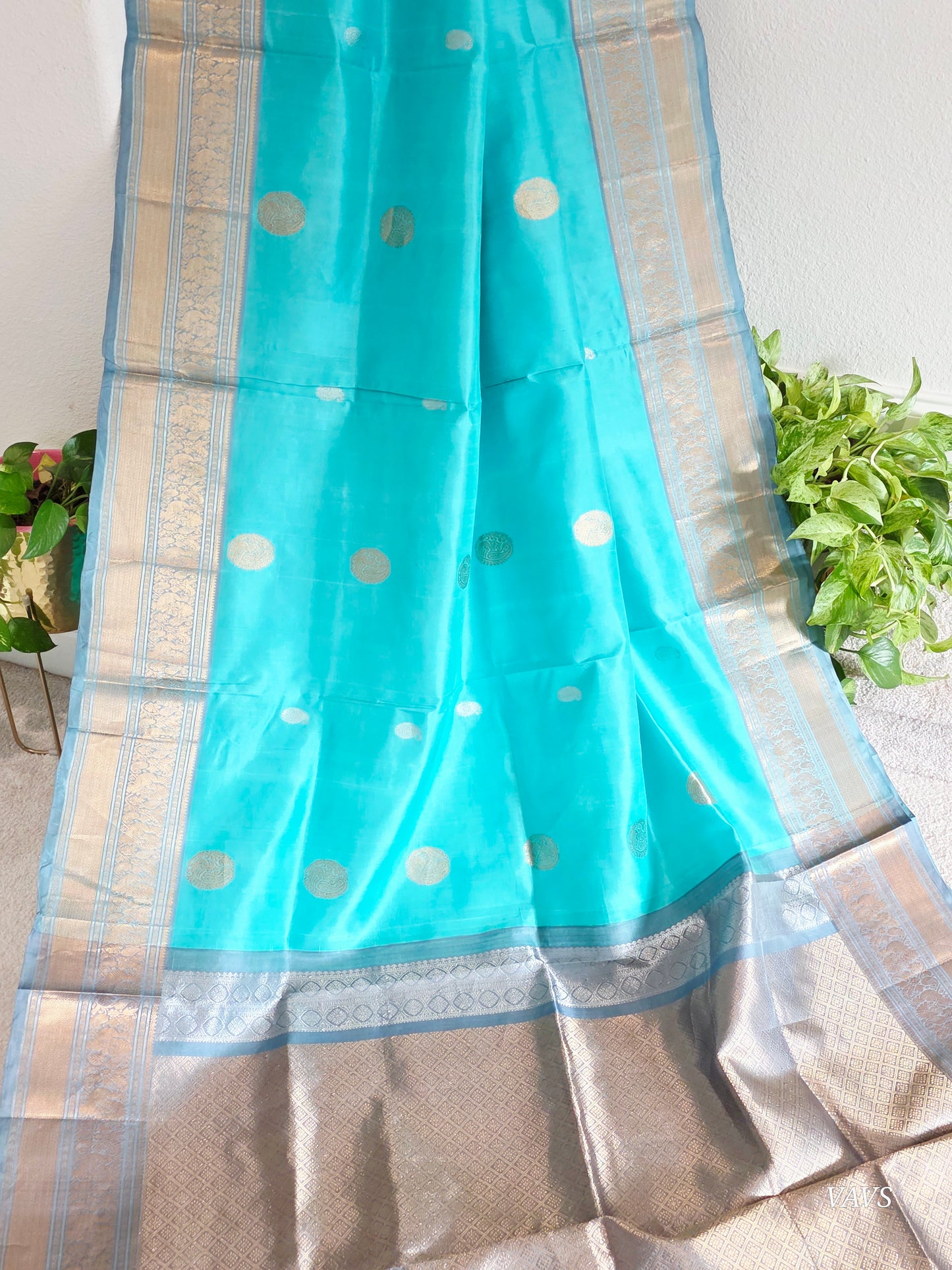 Pure Handloom Silk Saree in Aqua Blue & Maggam Blouse