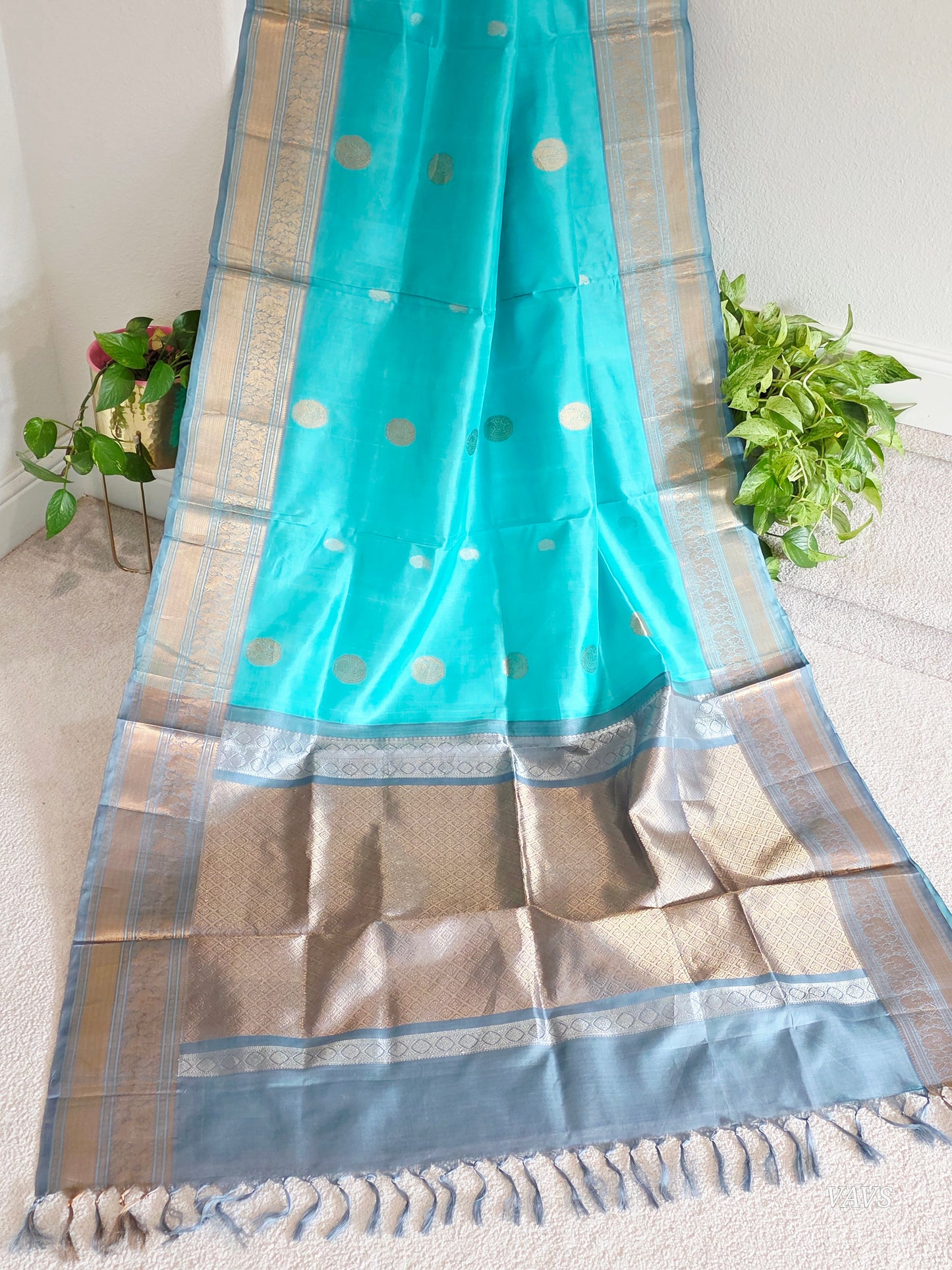 Pure Handloom Silk Saree in Aqua Blue & Maggam Blouse
