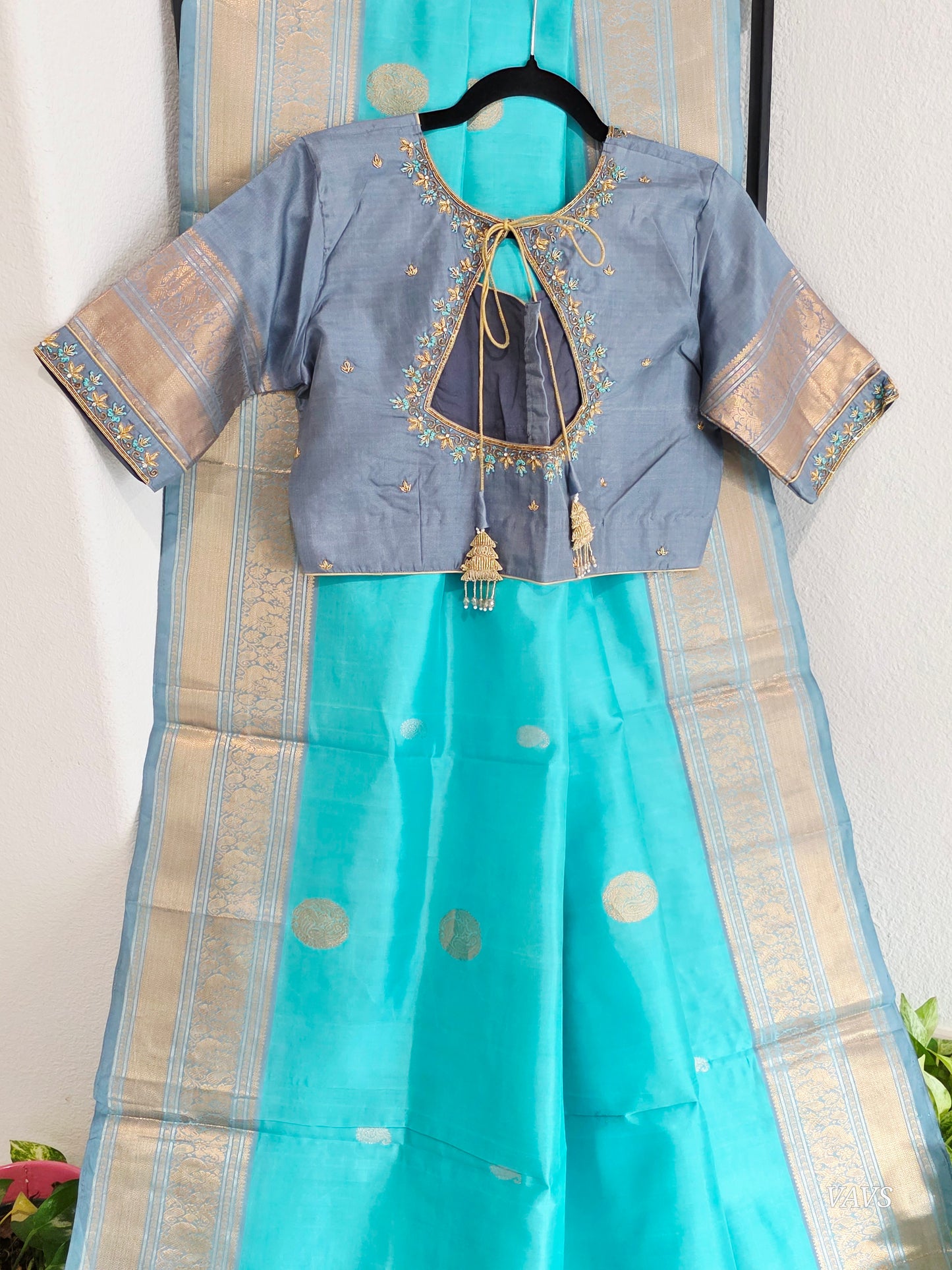Pure Handloom Silk Saree in Aqua Blue & Maggam Blouse