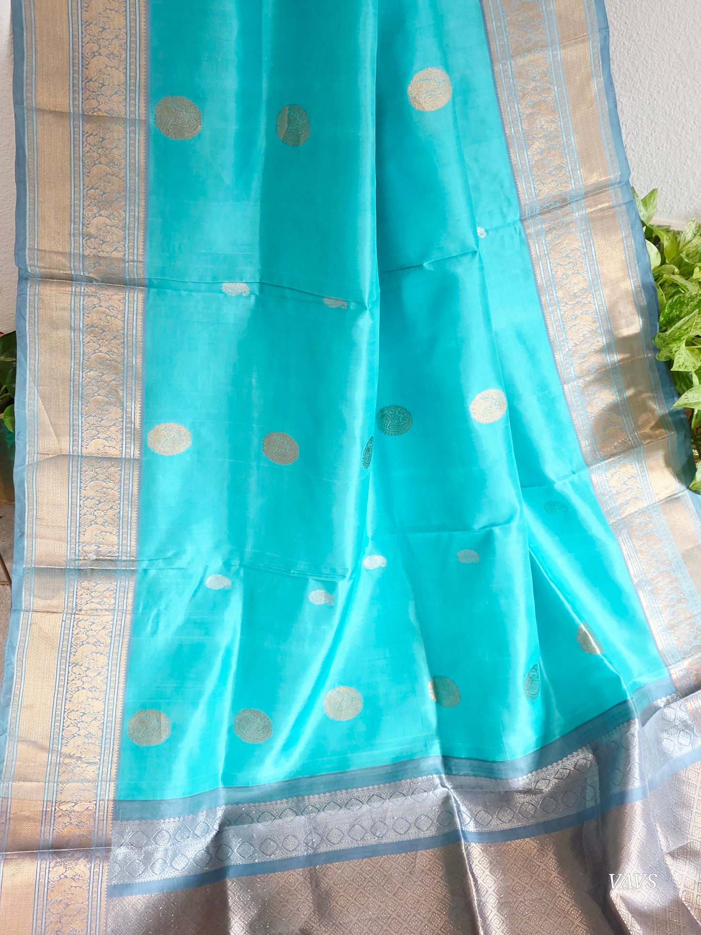 Pure Handloom Silk Saree in Aqua Blue & Maggam Blouse