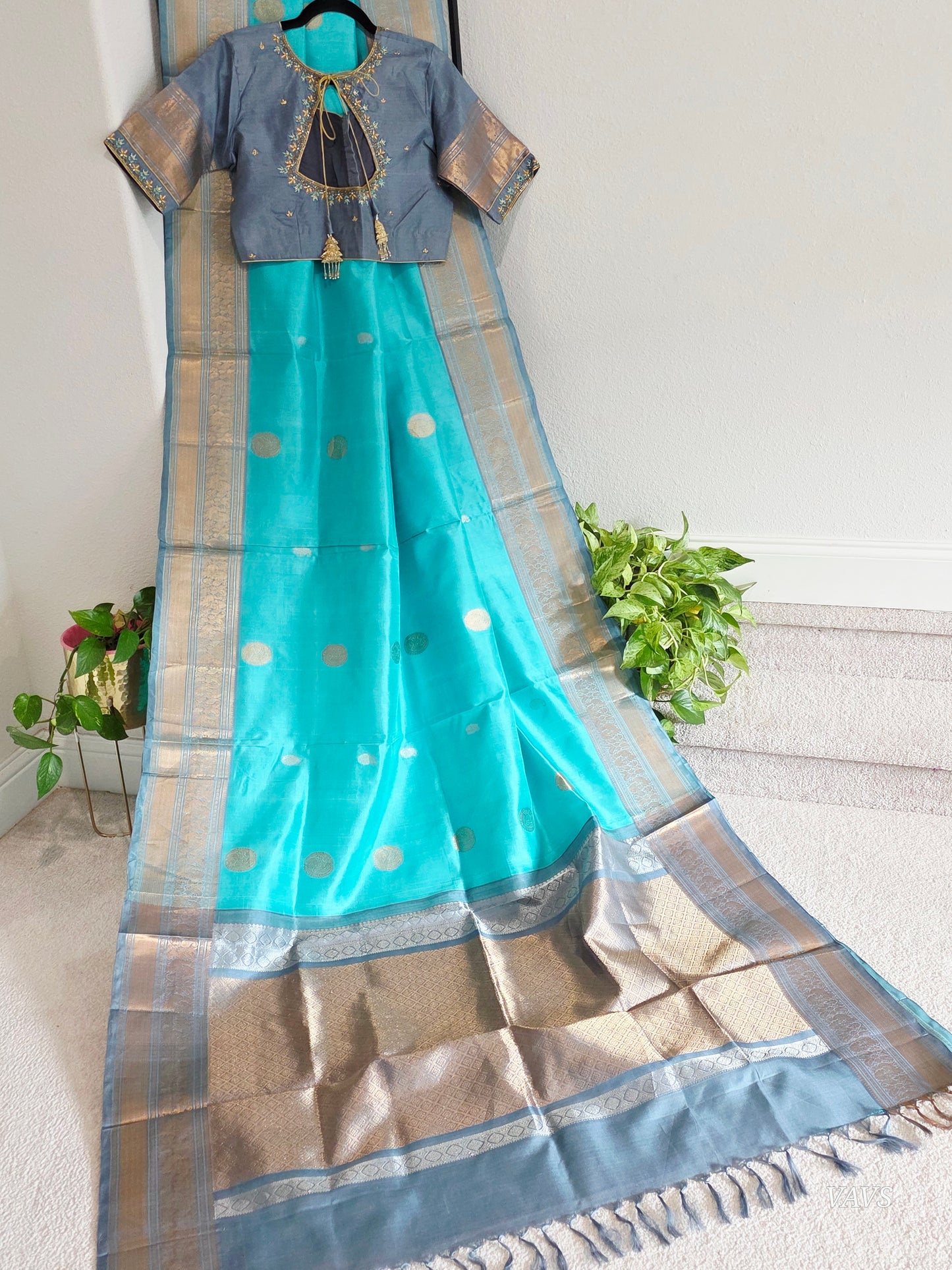Pure Handloom Silk Saree in Aqua Blue & Maggam Blouse