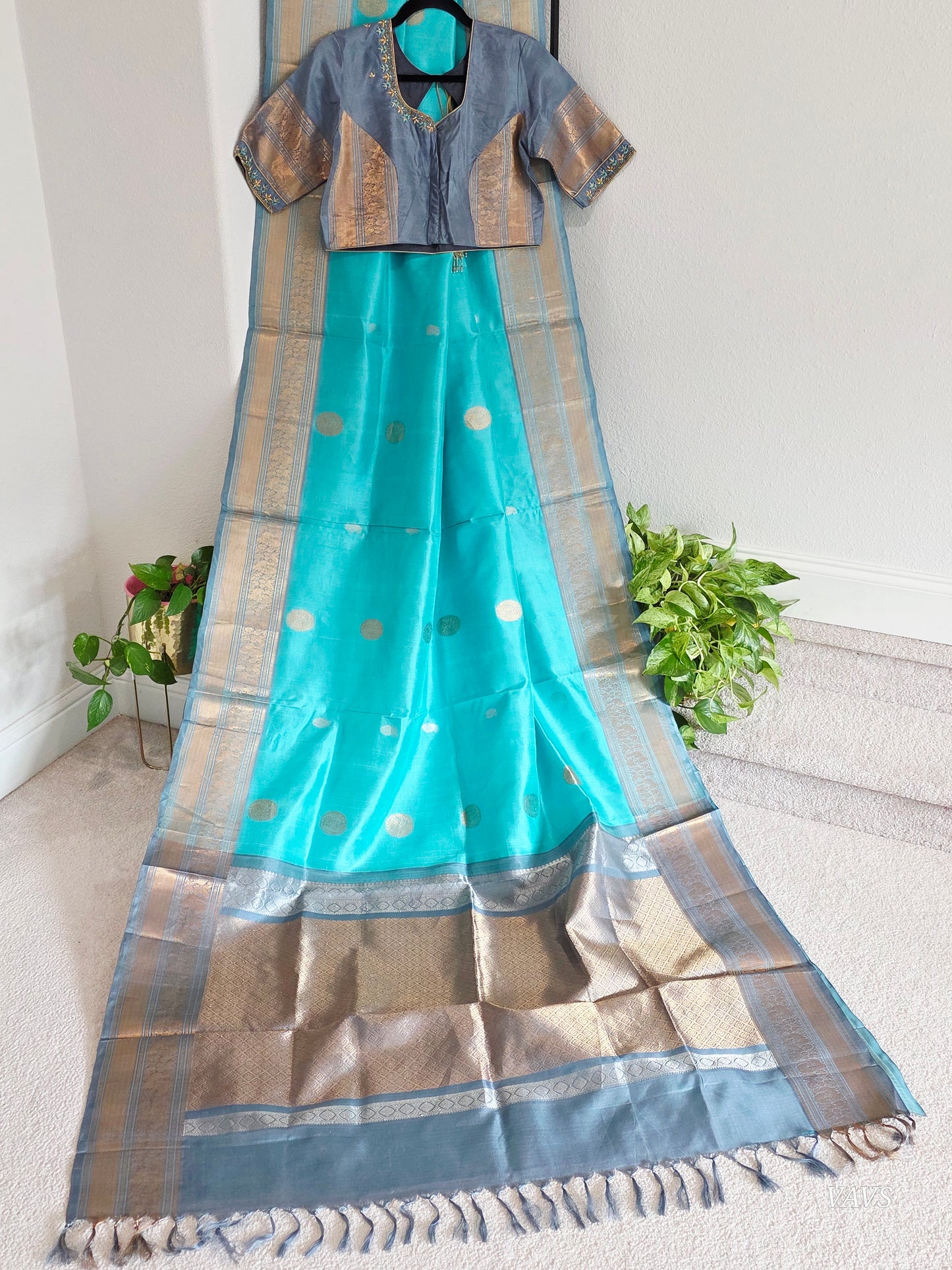 Pure Handloom Silk Saree in Aqua Blue & Maggam Blouse