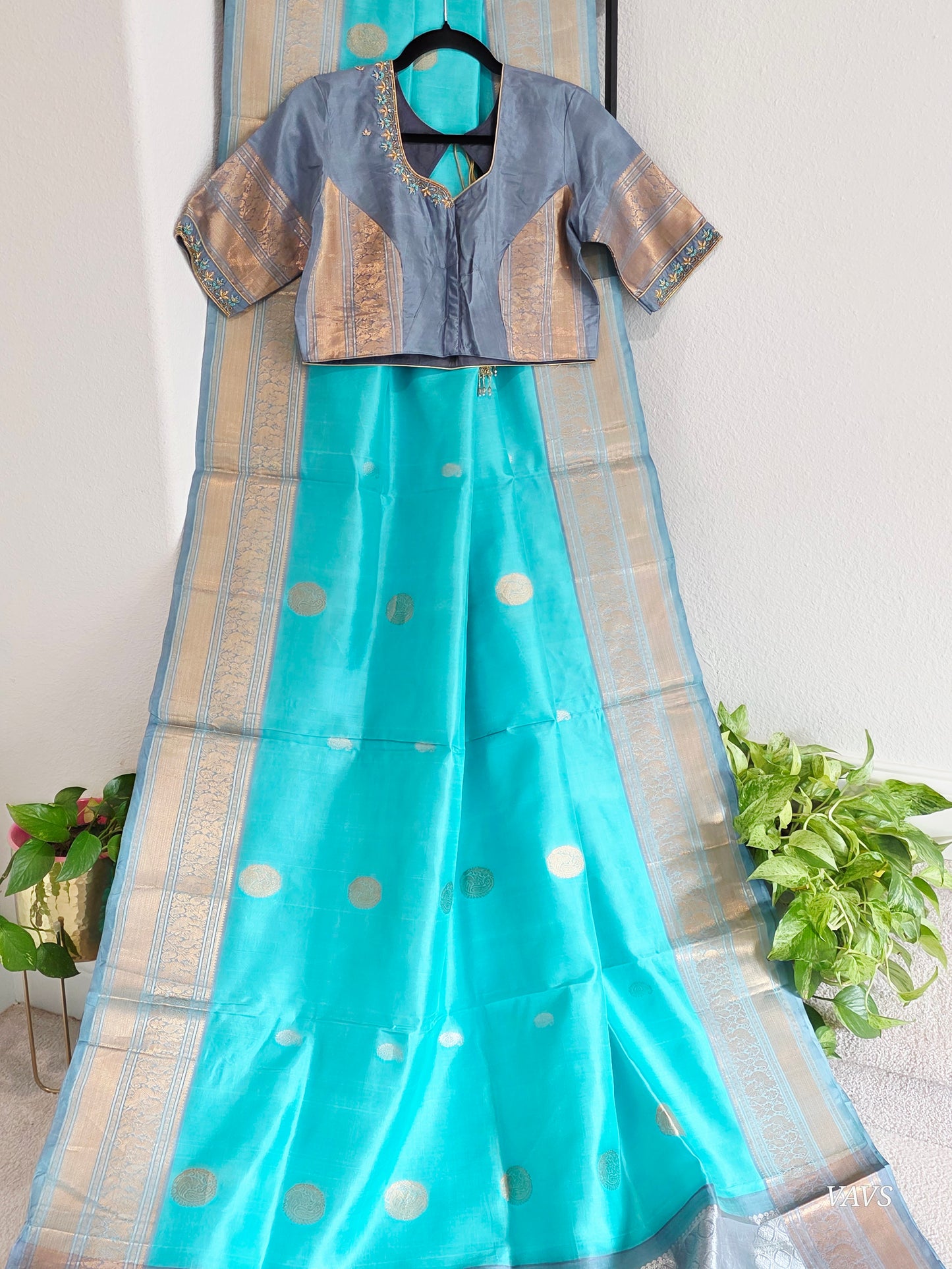 Pure Handloom Silk Saree in Aqua Blue & Maggam Blouse