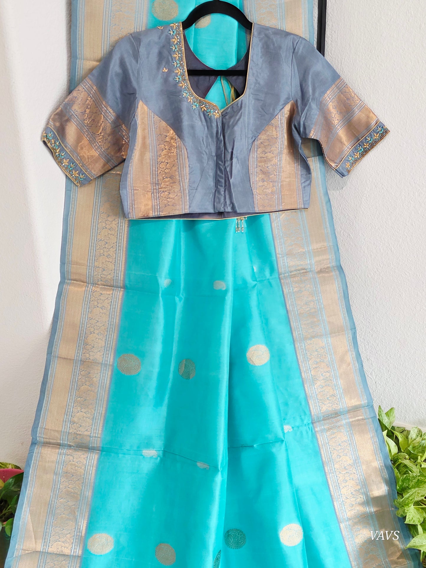 Pure Handloom Silk Saree in Aqua Blue & Maggam Blouse