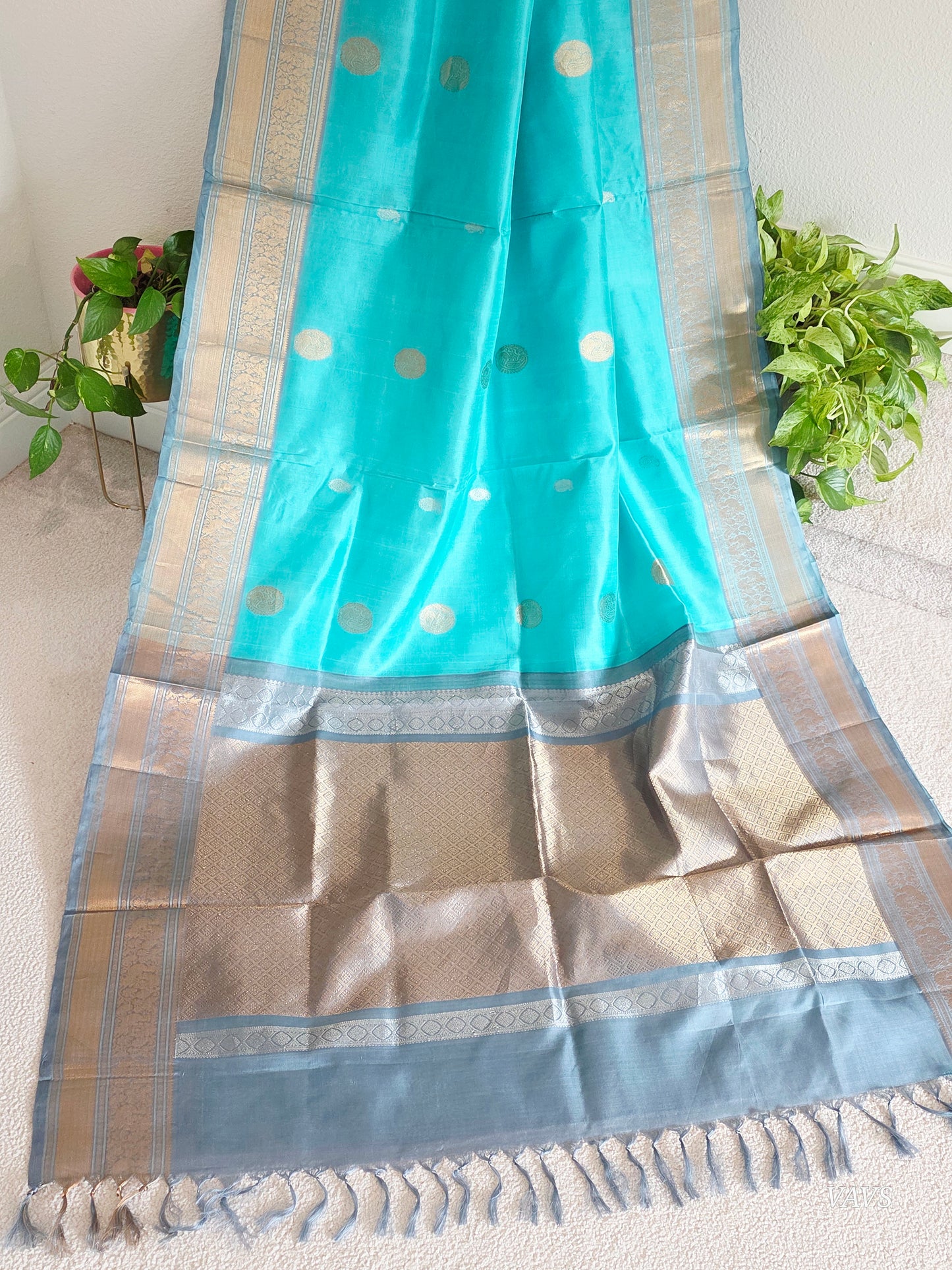 Pure Handloom Silk Saree in Aqua Blue & Maggam Blouse