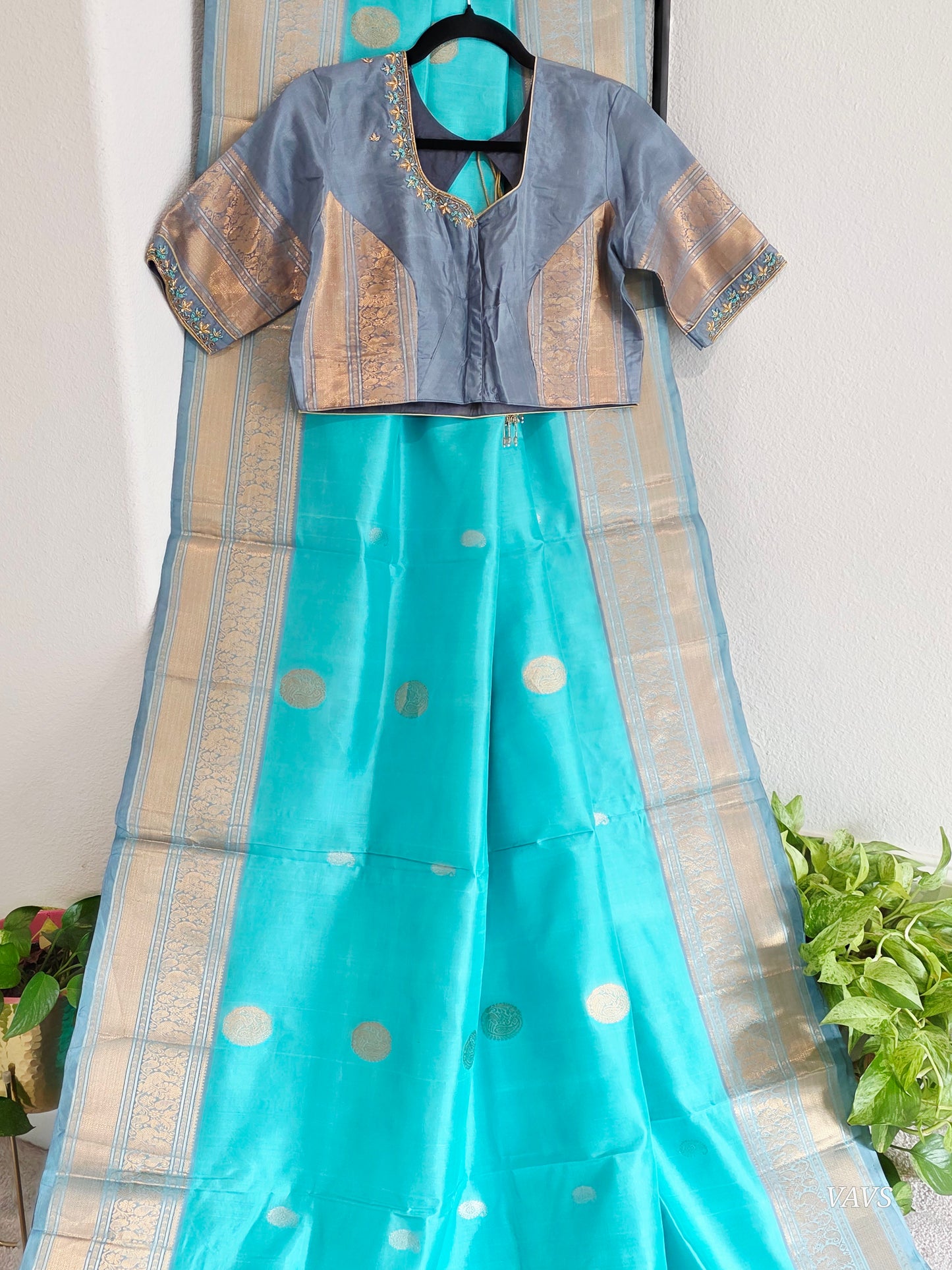 Pure Handloom Silk Saree in Aqua Blue & Maggam Blouse